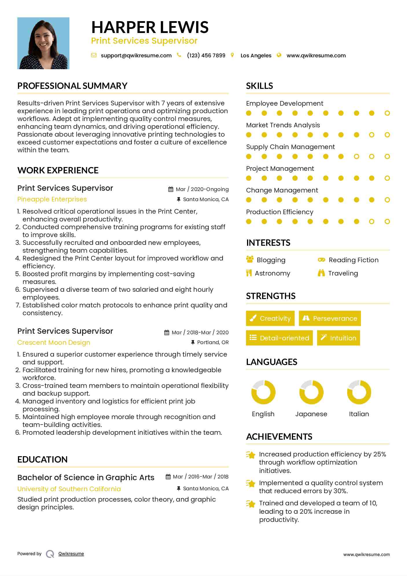 Print Services Supervisor Resume Example