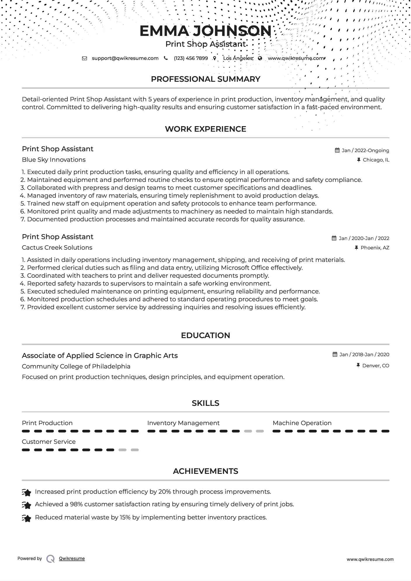 Print Shop Assistant Resume Samples QwikResume