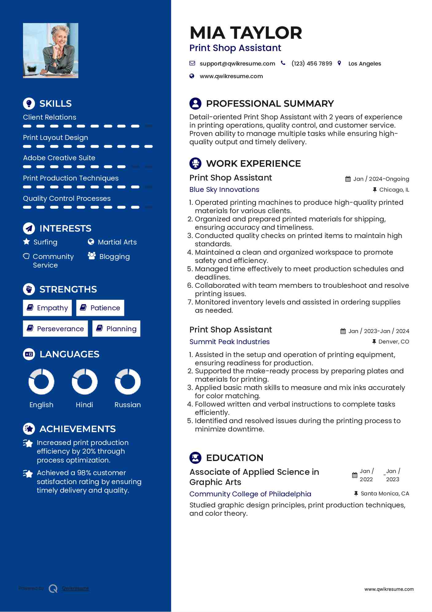 Print Shop Assistant Resume Samples QwikResume
