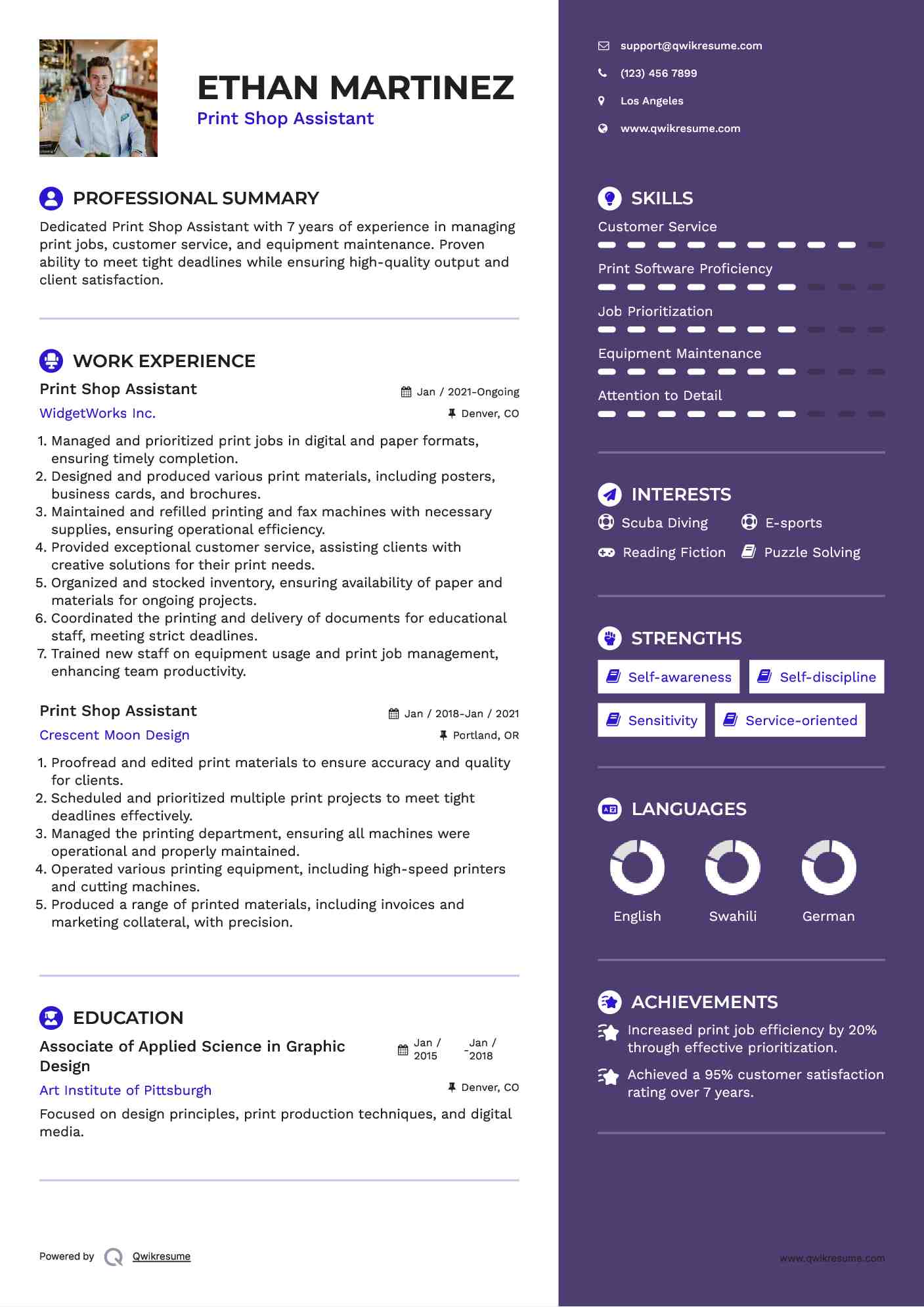Print Shop Assistant Resume Samples QwikResume
