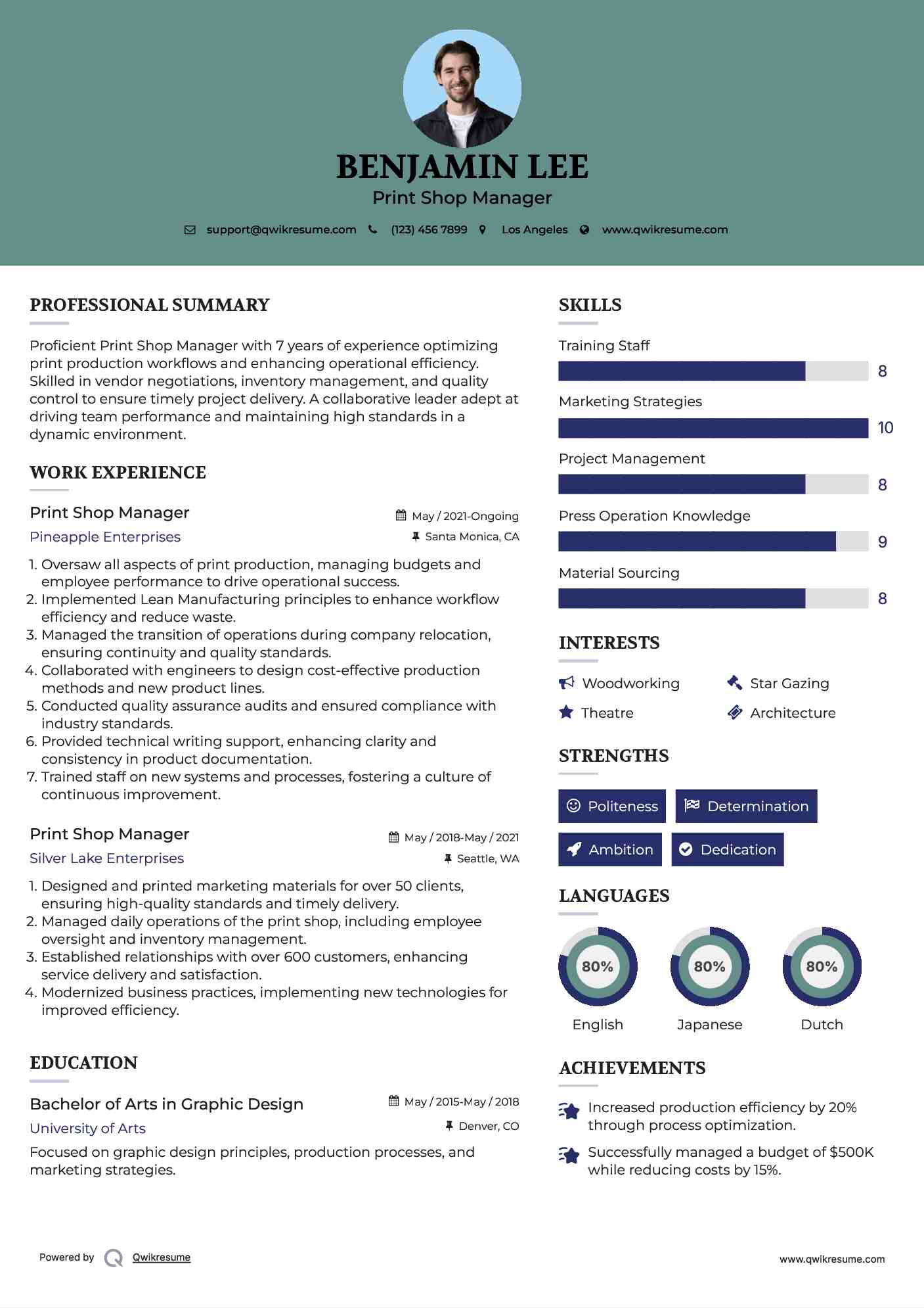 Print Shop Manager Resume Template