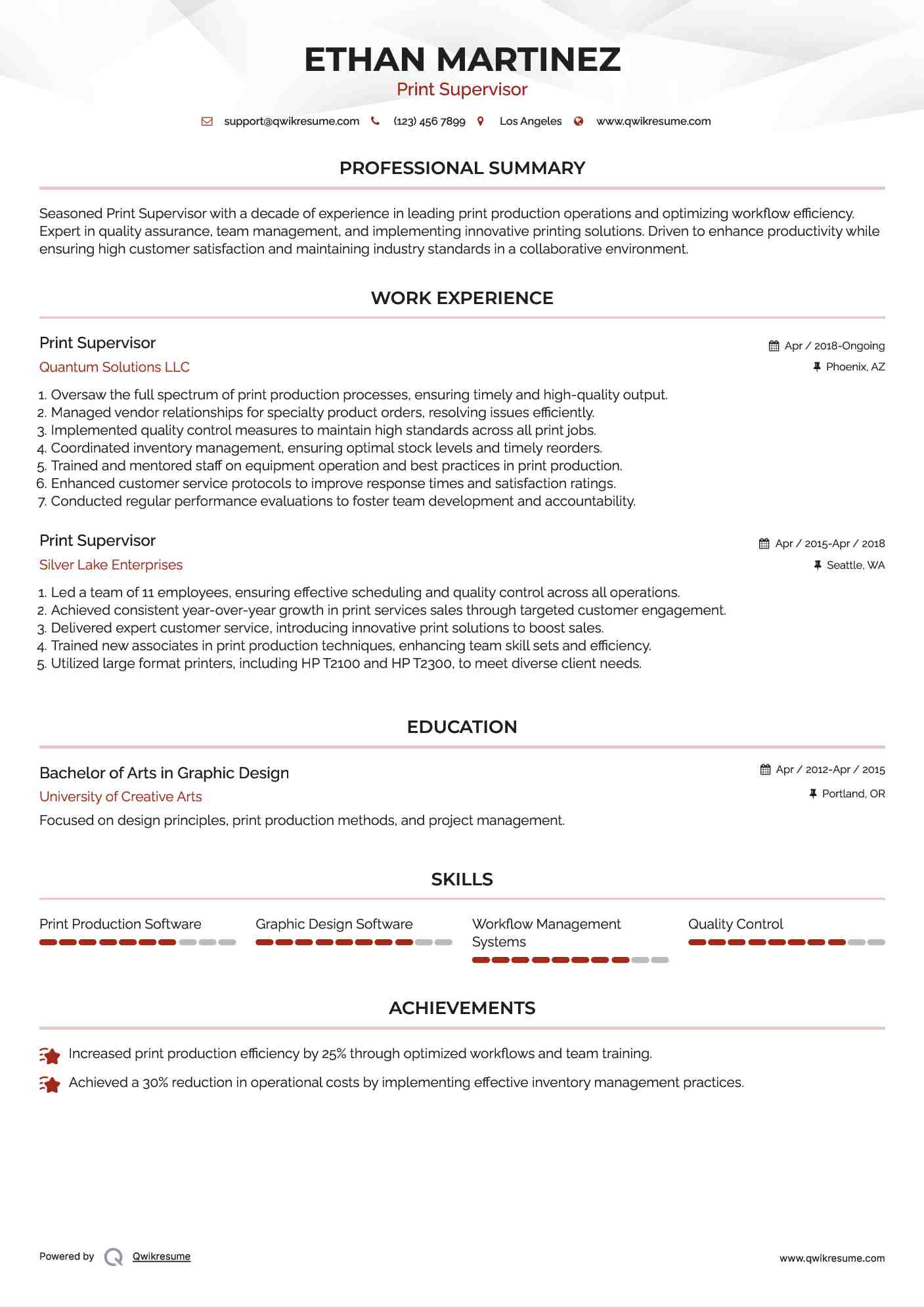 Print Supervisor Resume Template