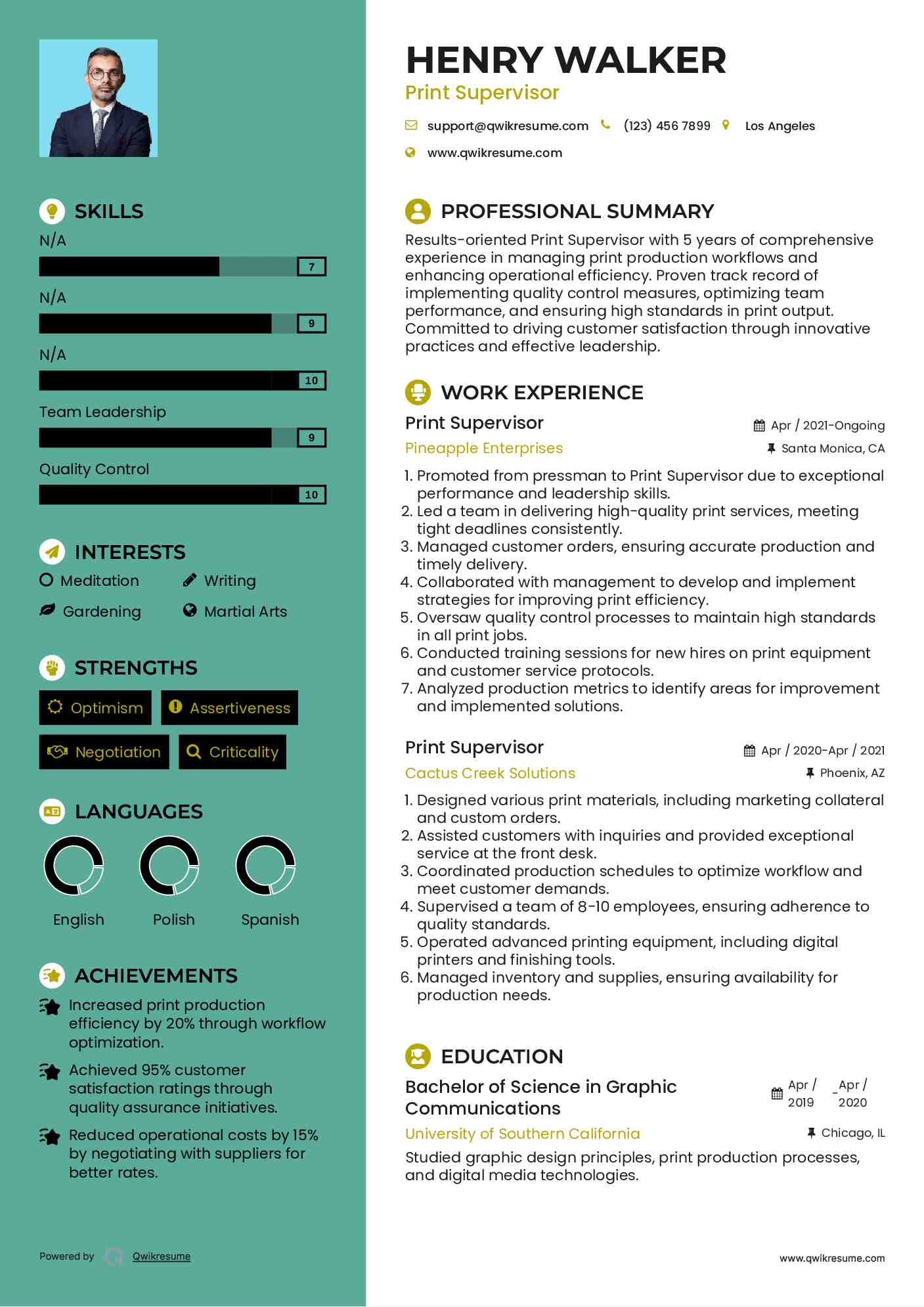 Print Supervisor Resume Model