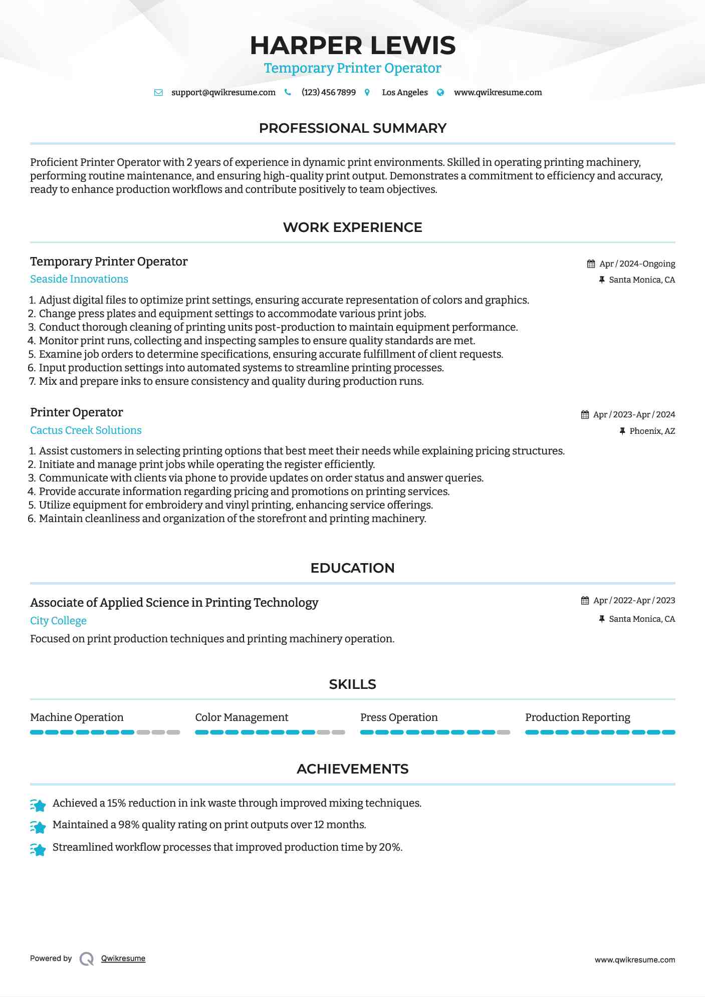 Temporary Printer Operator Resume Sample