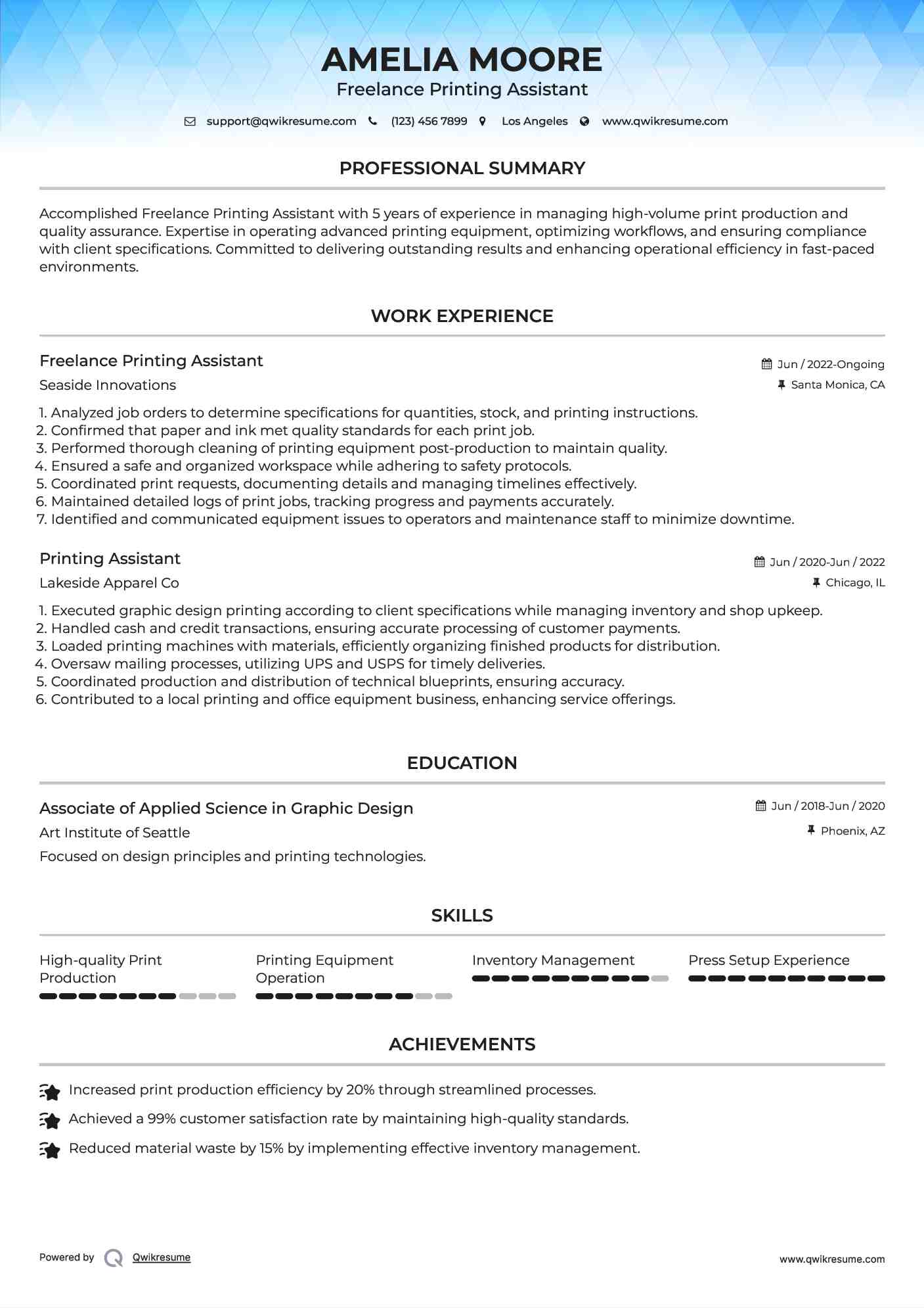 Freelance Printing Assistant Resume Template
