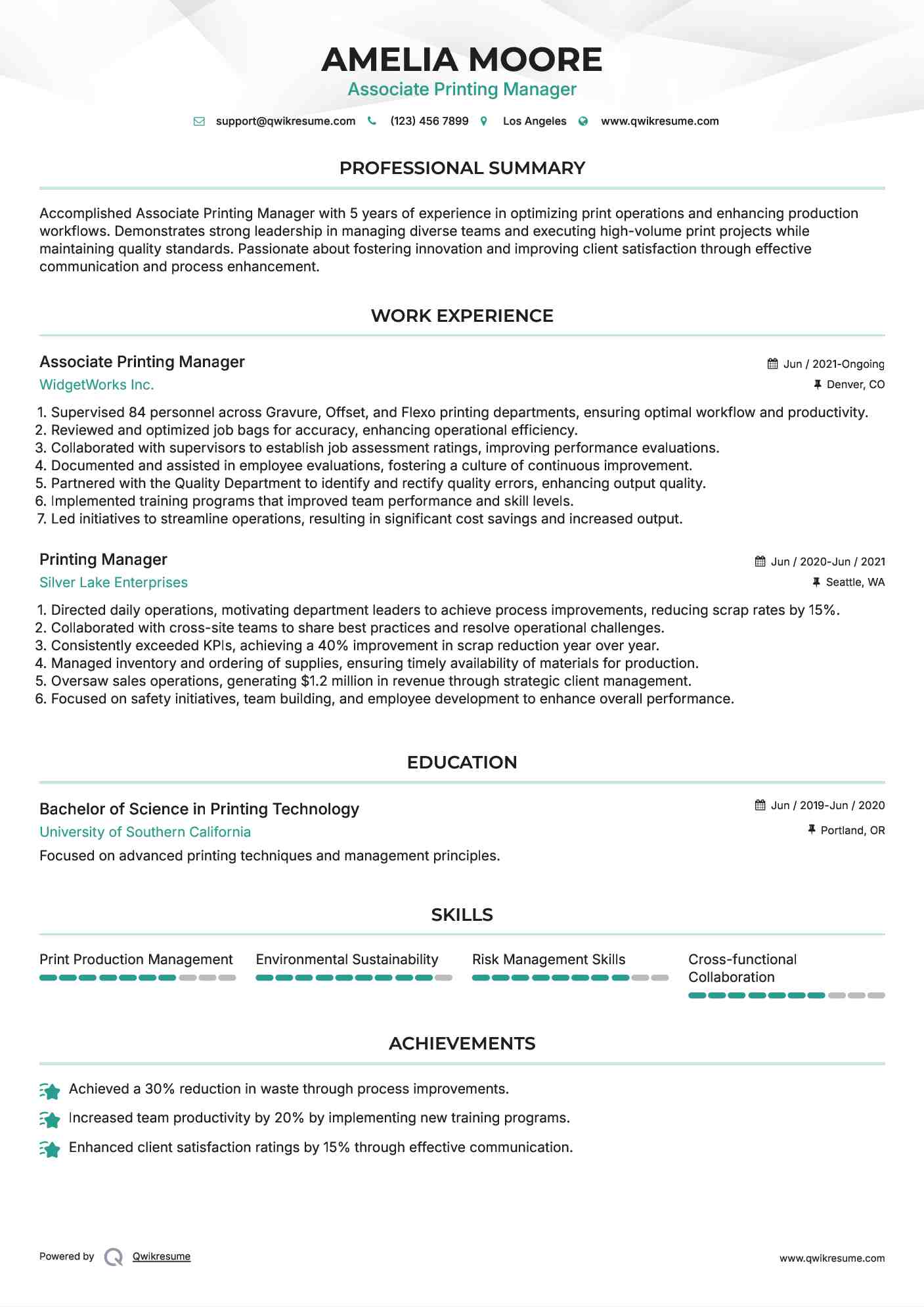 Associate Printing Manager  Resume Sample