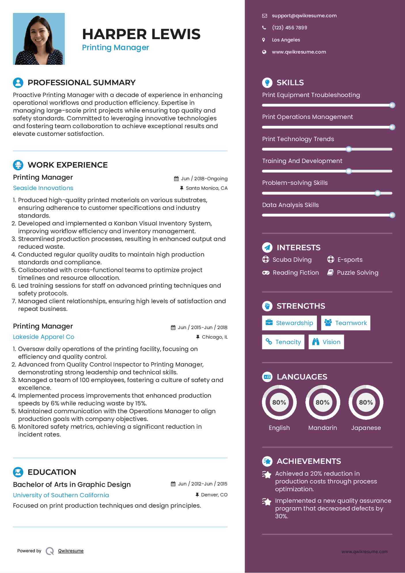 Printing Manager Resume Template