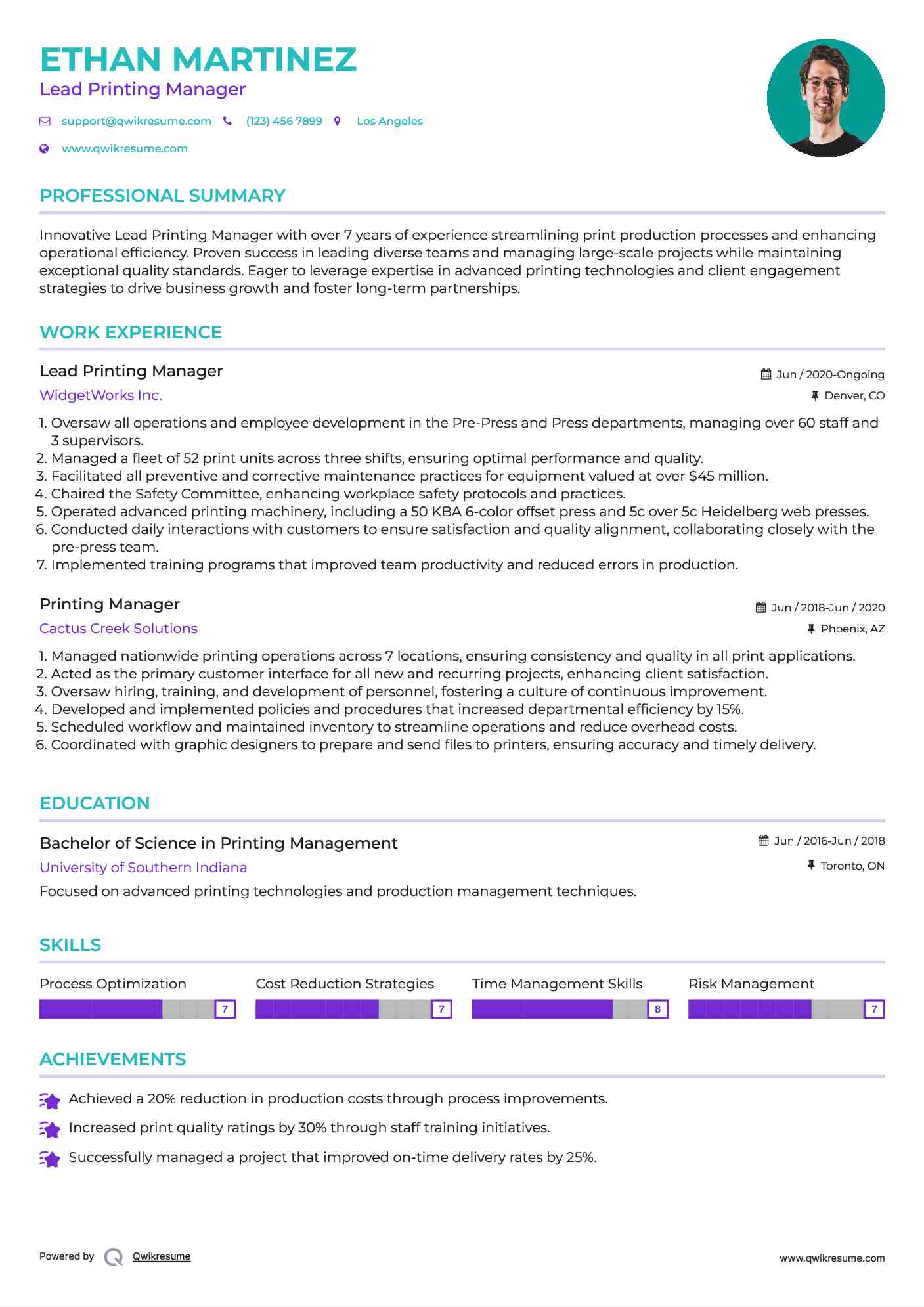 Lead Printing Manager  Resume Model