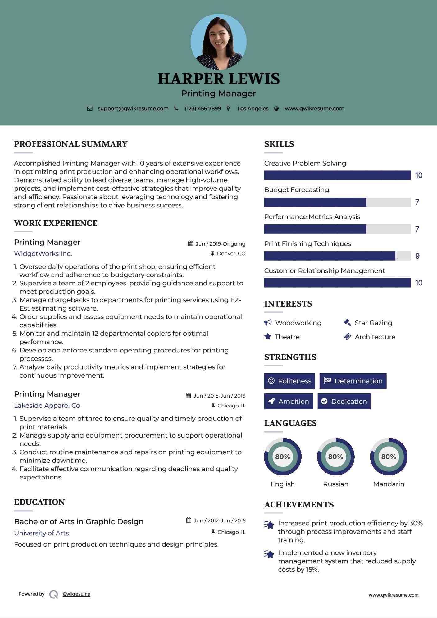 Printing Manager Resume Example