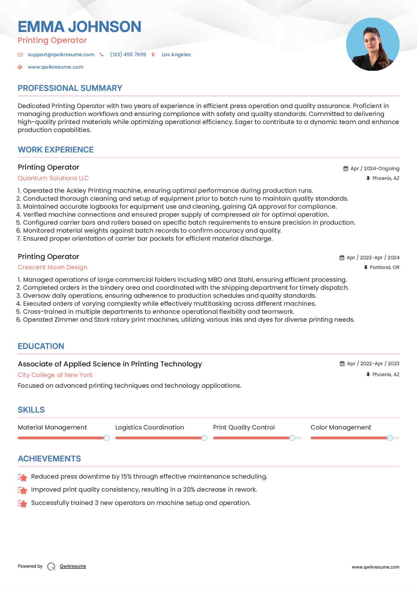 Printing Operator Resume Format