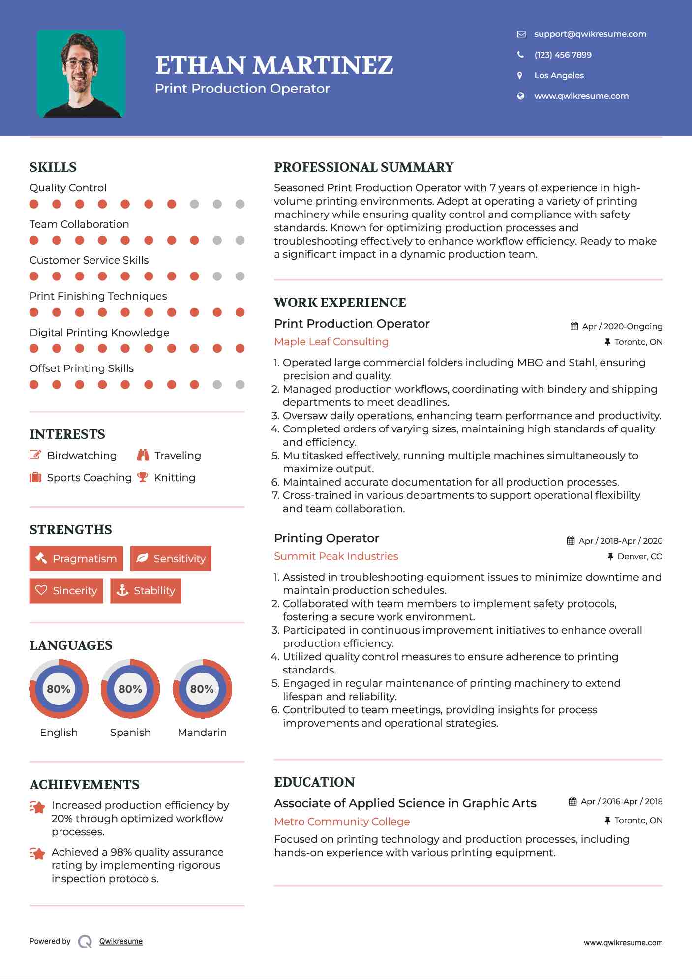 Print Production Operator Resume Sample