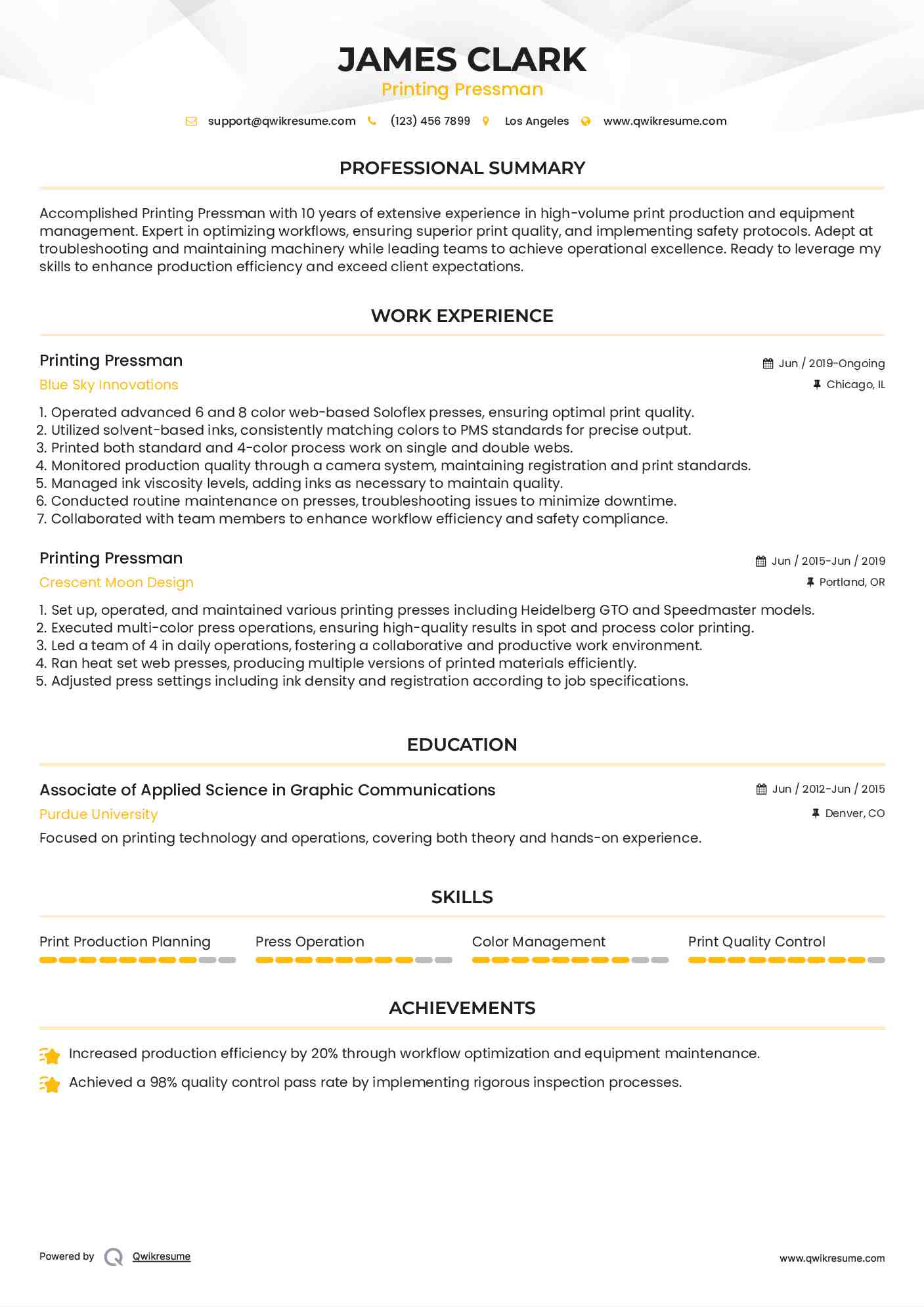 Printing Pressman Resume Template