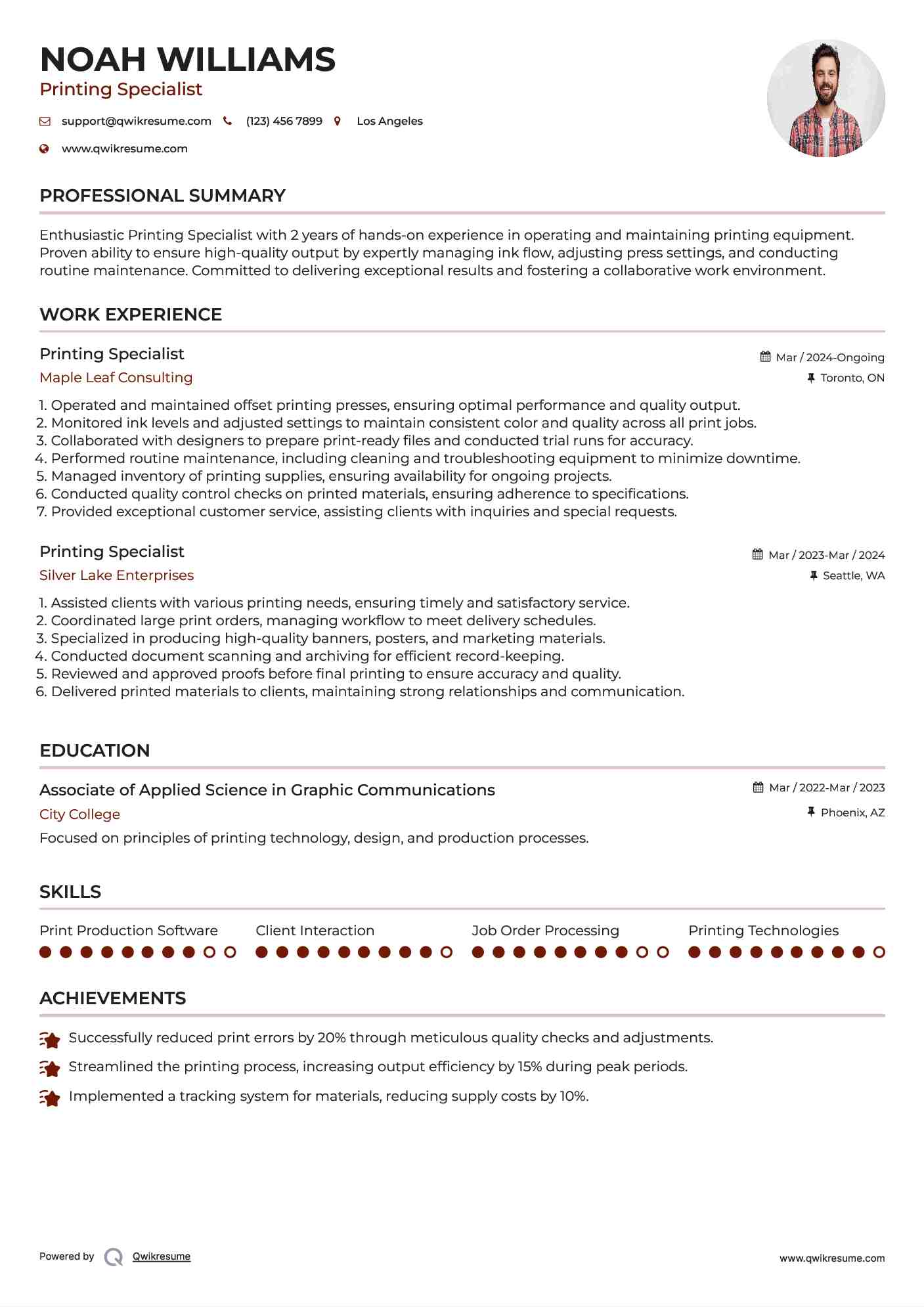 Printing Specialist Resume Format