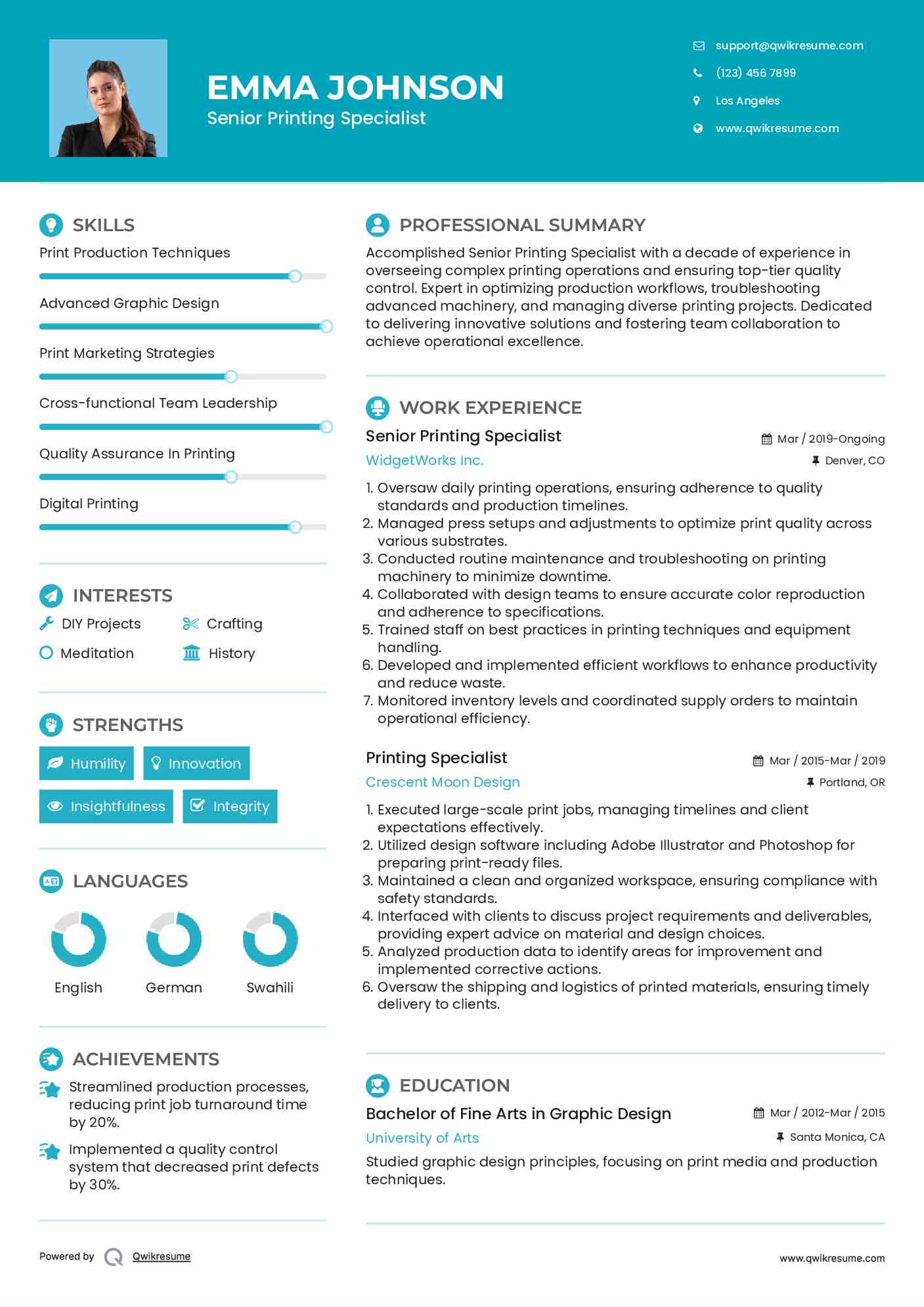 Senior Printing Specialist Resume Sample