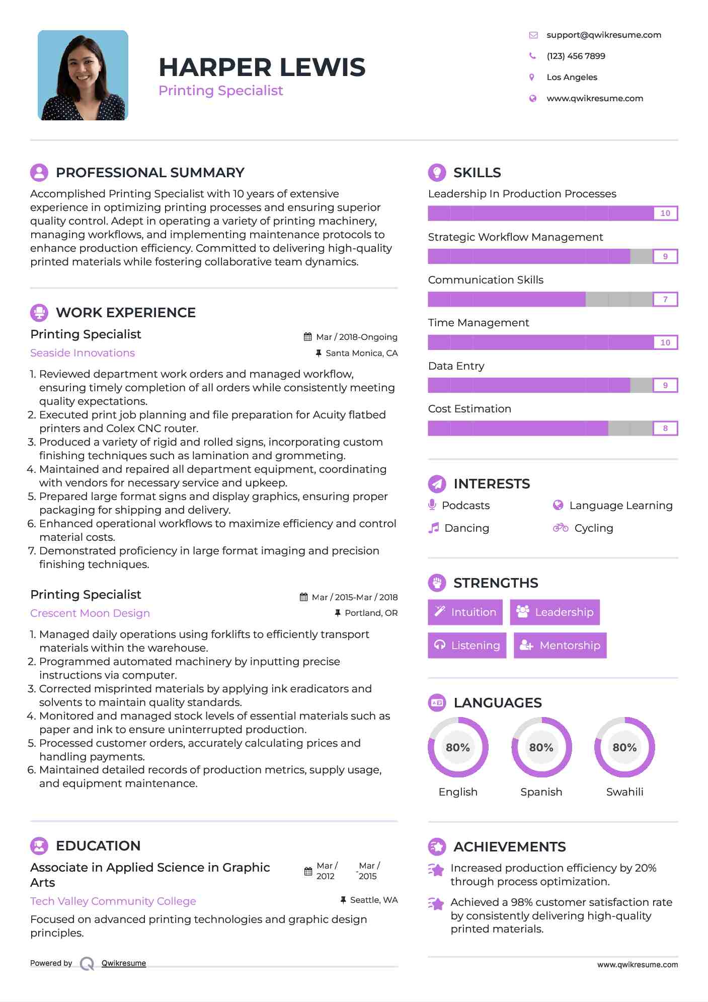 Printing Specialist Resume Example