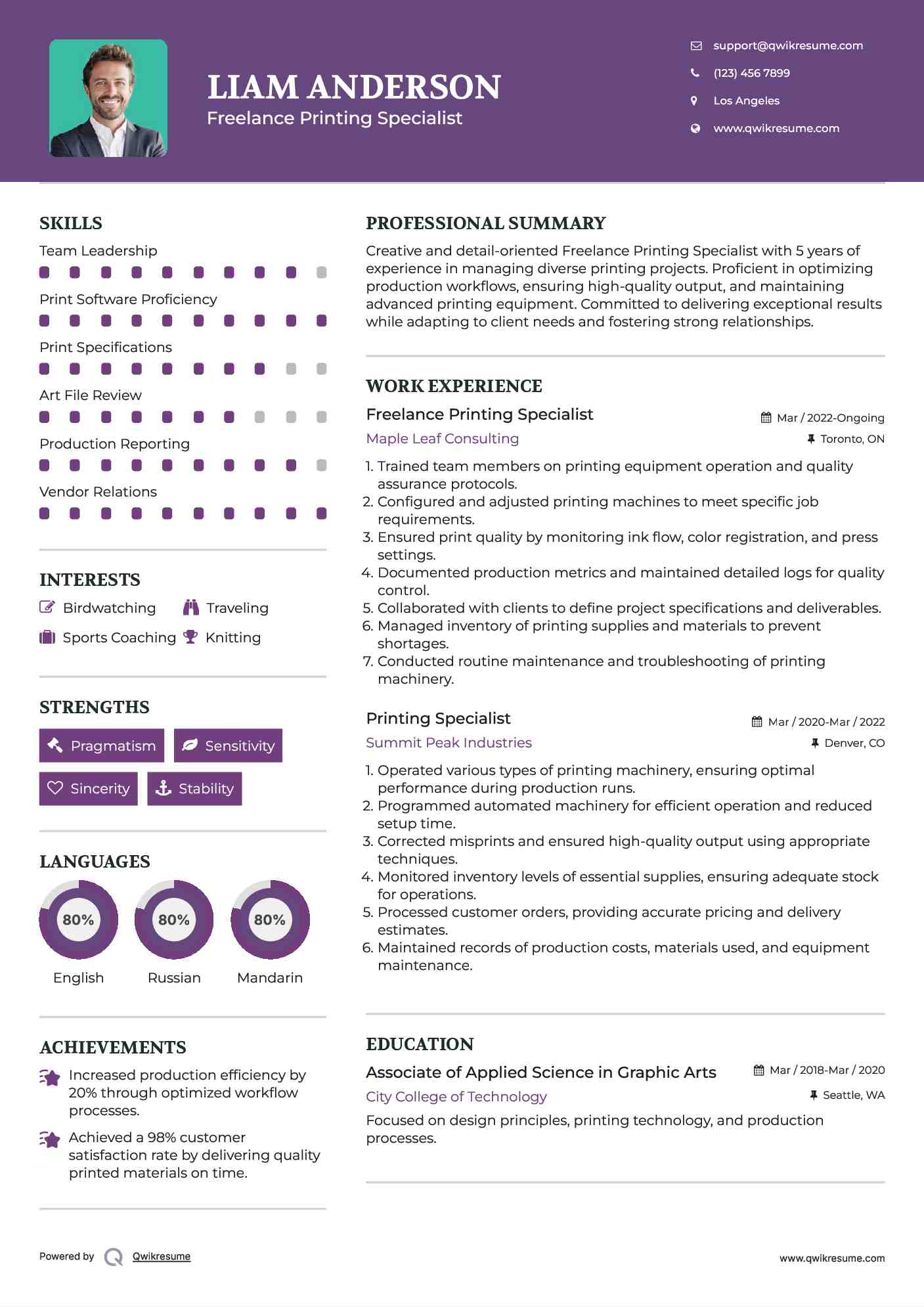 Freelance Printing Specialist Resume Example