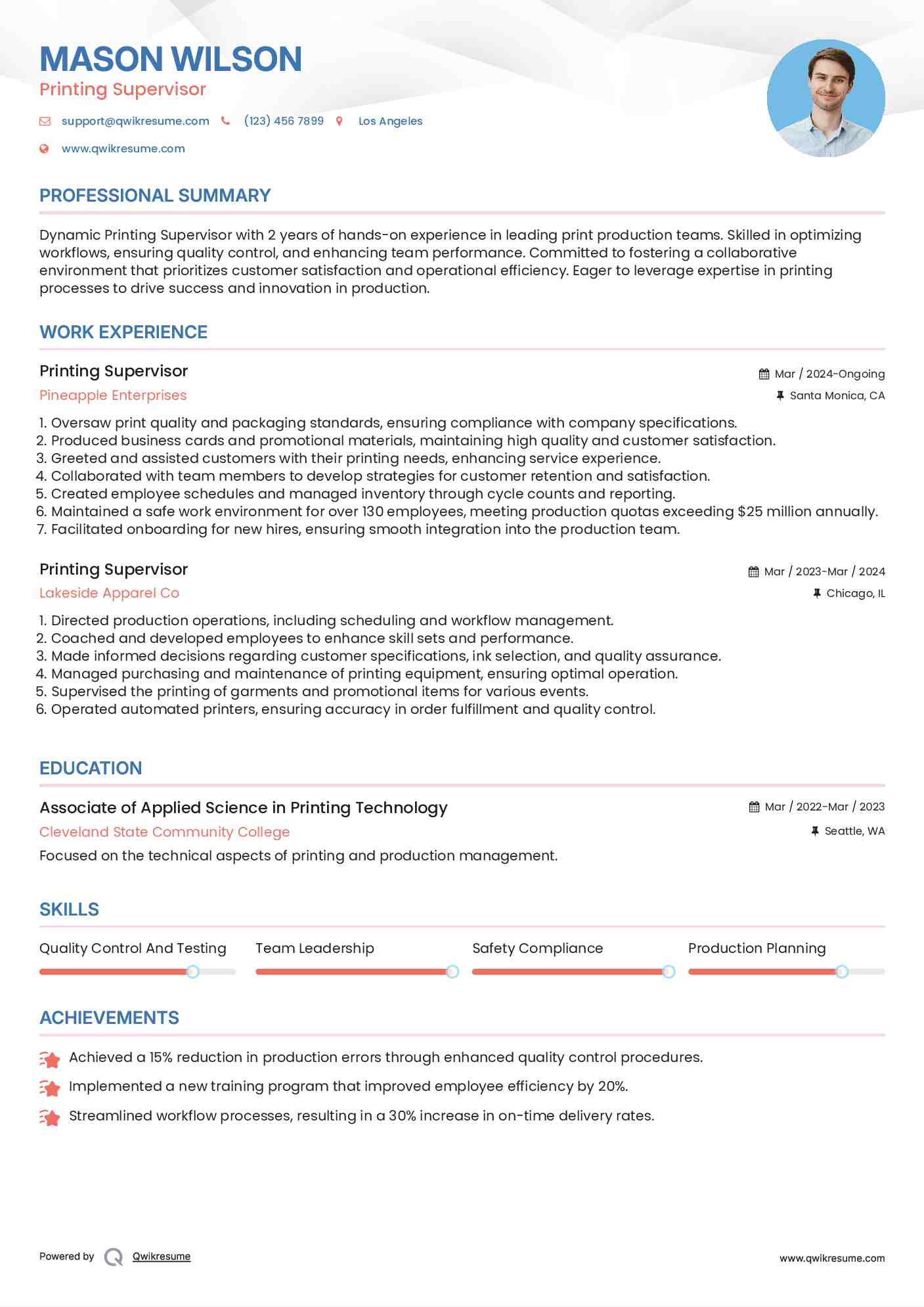 Printing Supervisor Resume Format