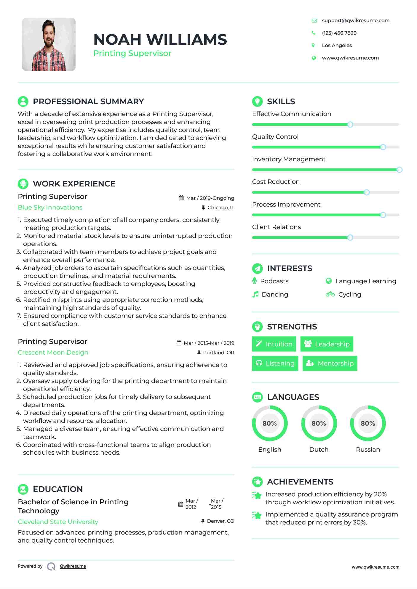 Printing Supervisor Resume Sample