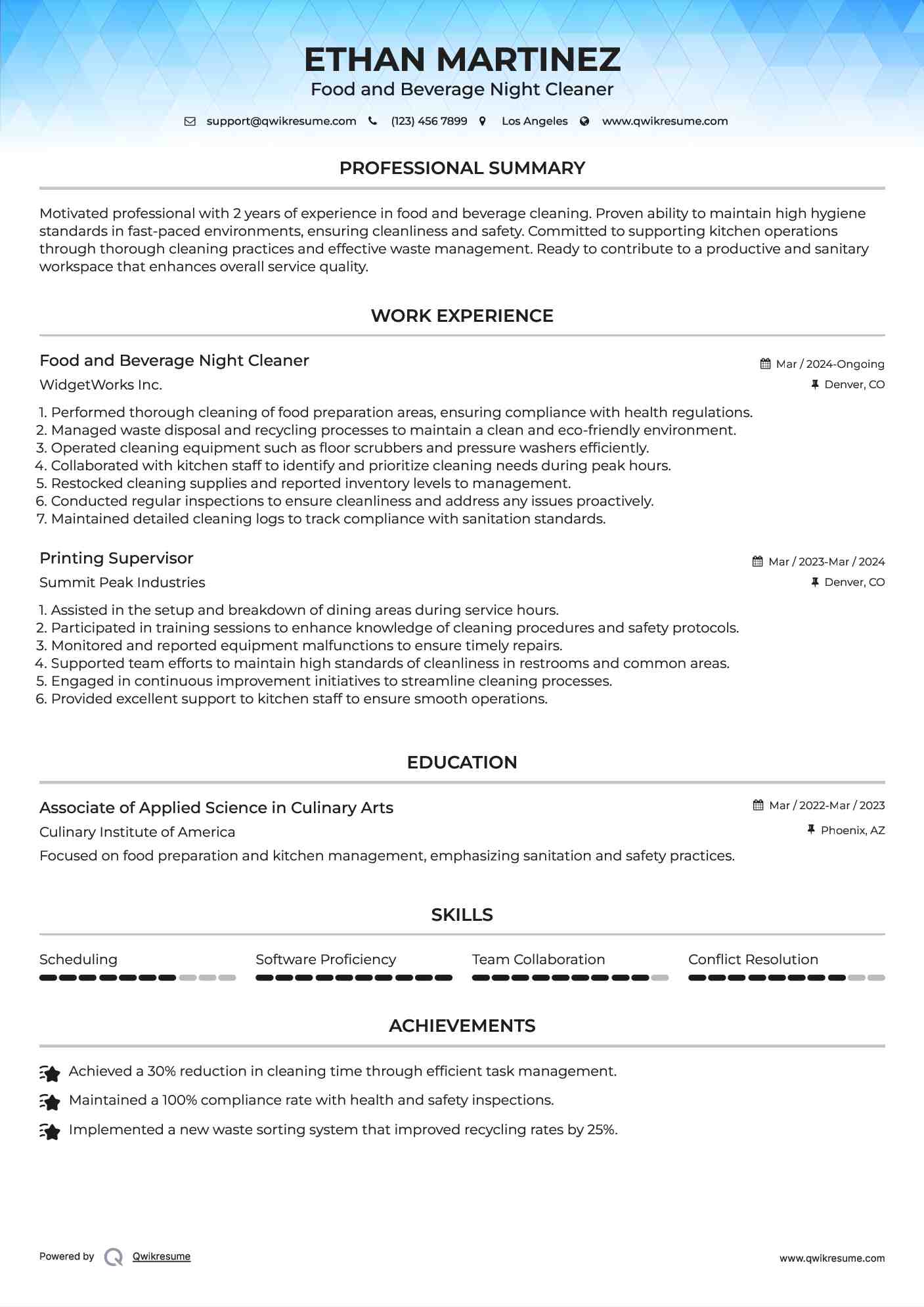 Food and Beverage Night Cleaner
 Resume Example