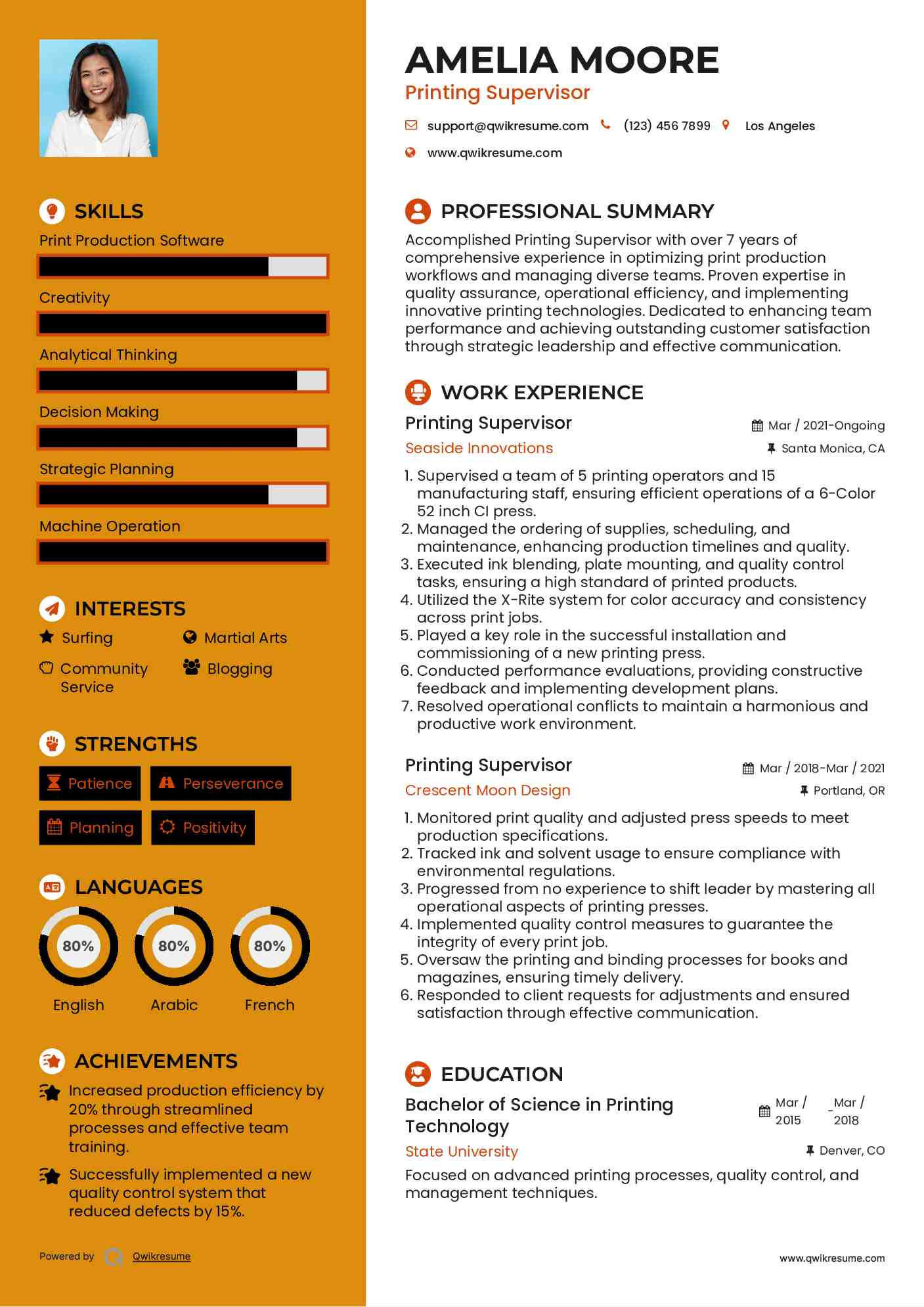 Printing Supervisor Resume Example