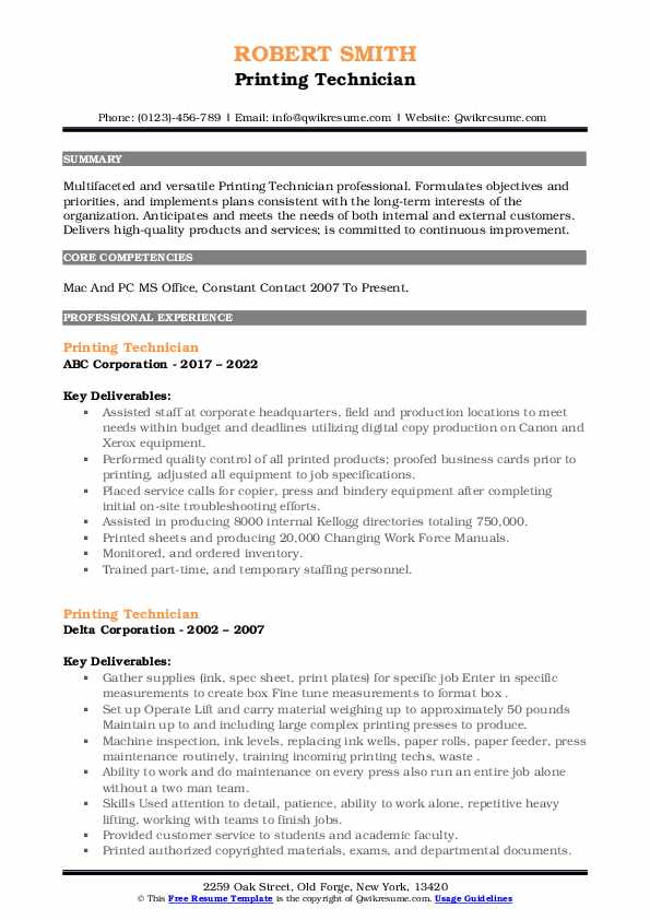 Printing Technician Resume Samples QwikResume