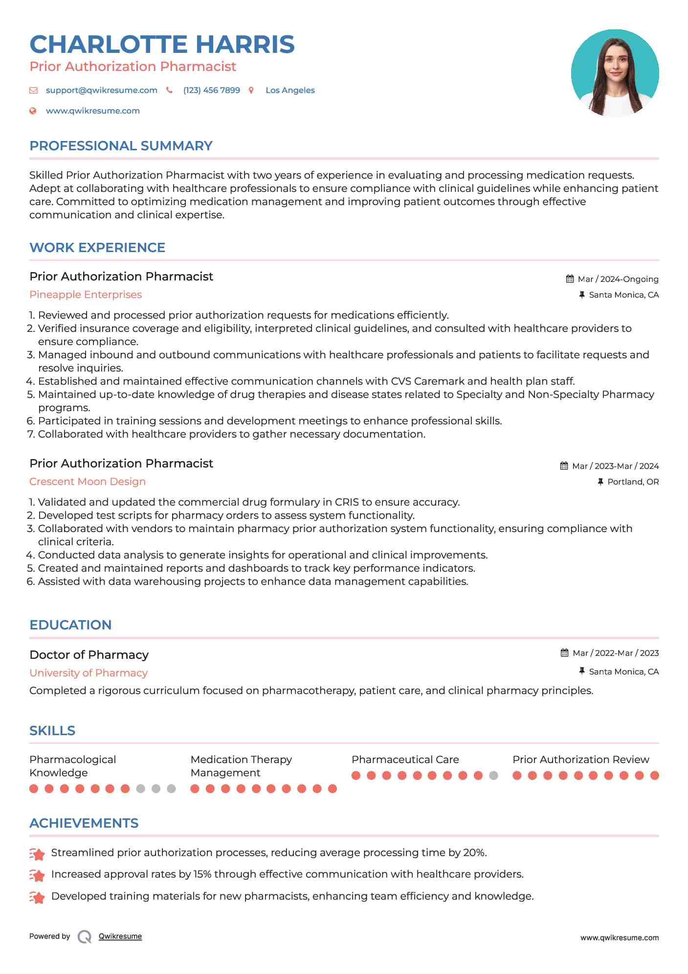 Prior Authorization Pharmacist Resume Example
