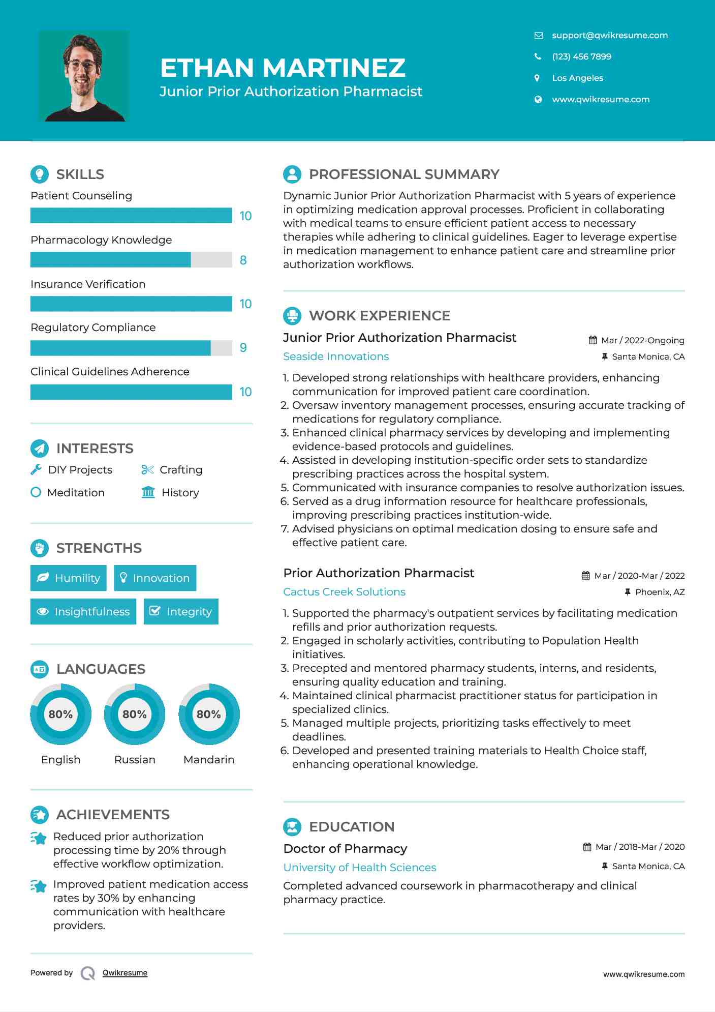 Junior Prior Authorization Pharmacist Resume Model