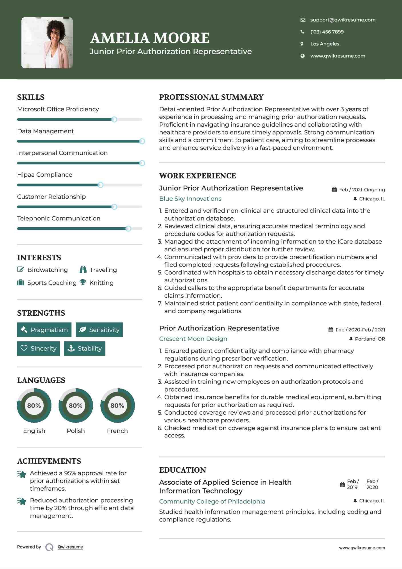 Junior Prior Authorization Representative Resume Example