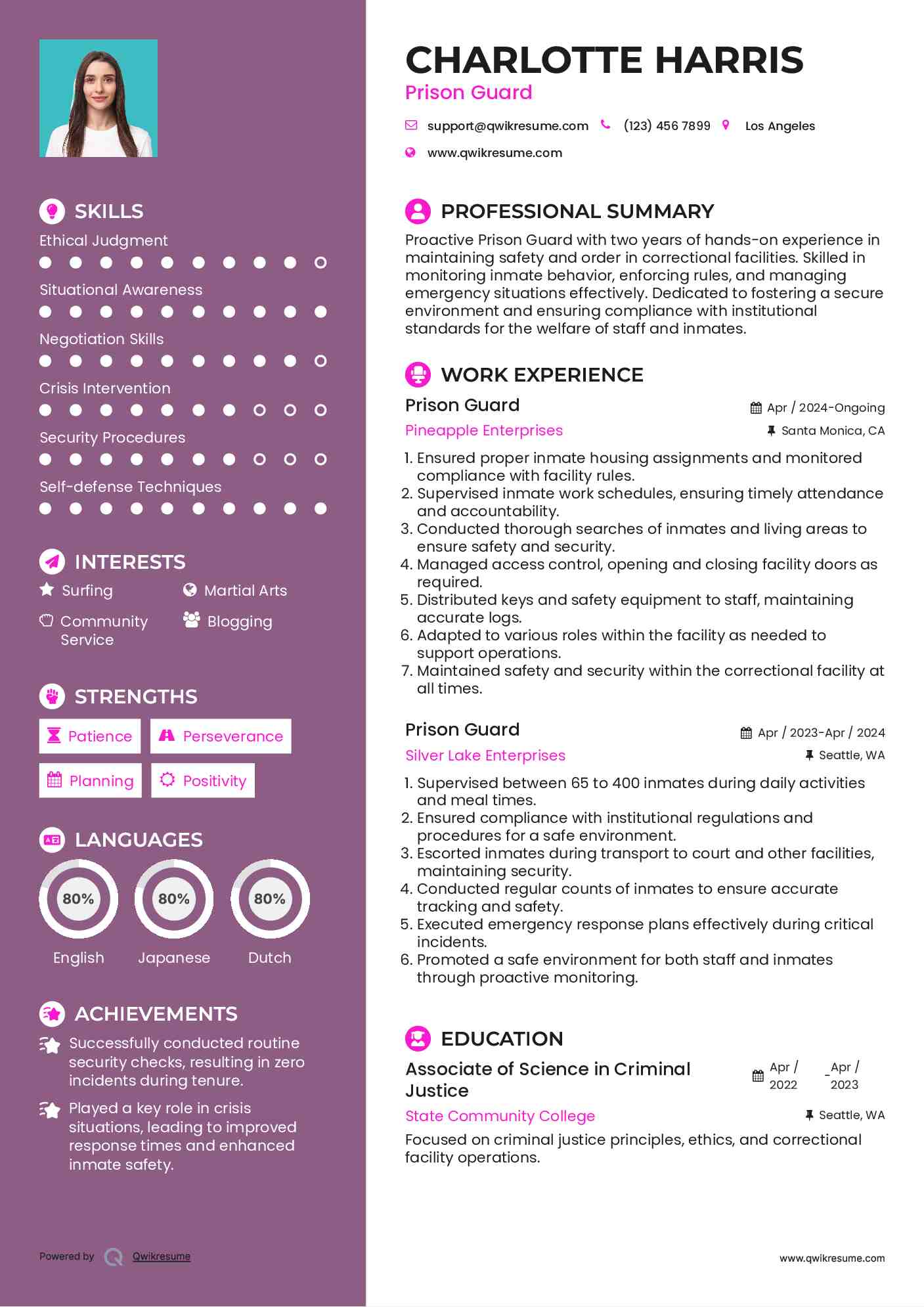 Prison Guard Resume Sample