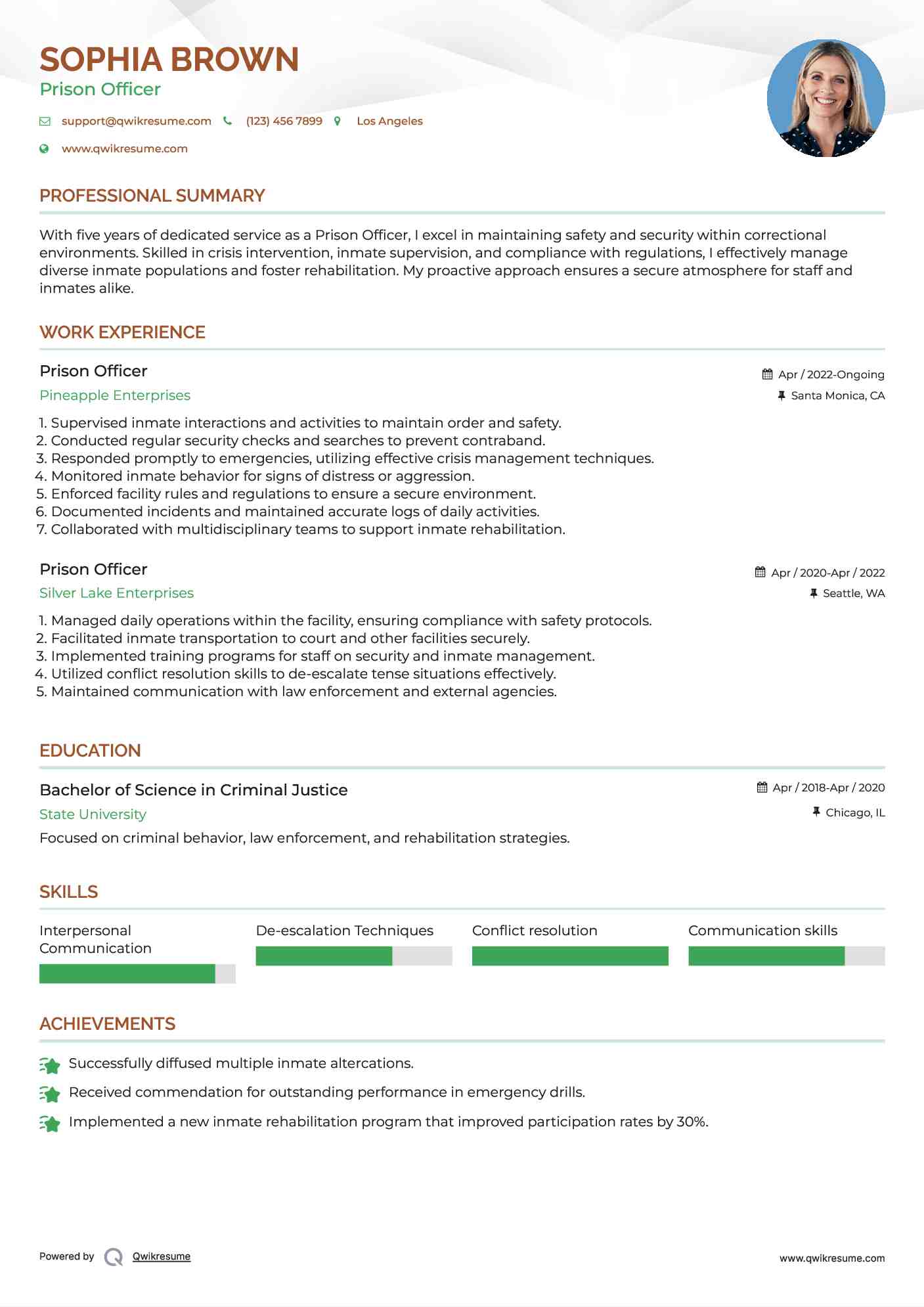 Prison Officer Resume Sample