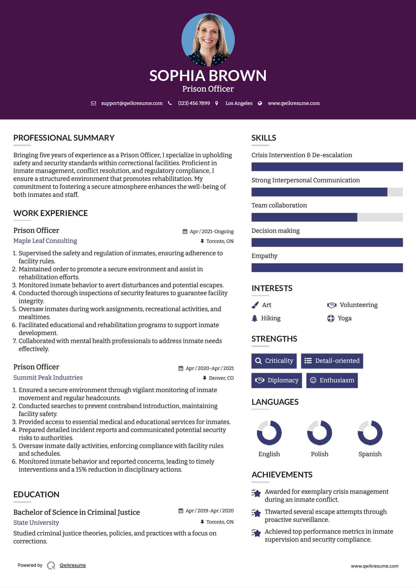 Prison Officer Resume Sample