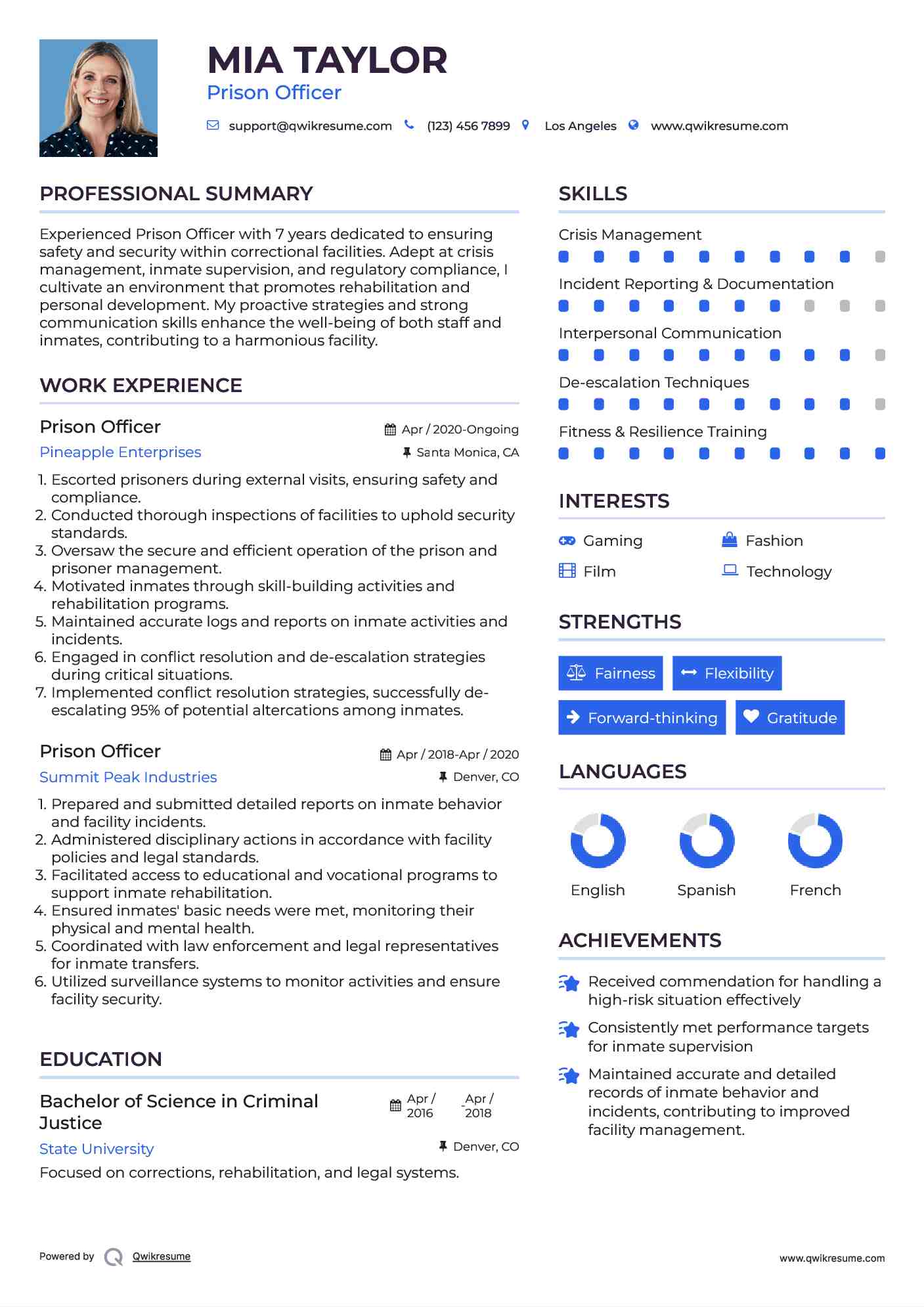 Prison Officer Resume Sample