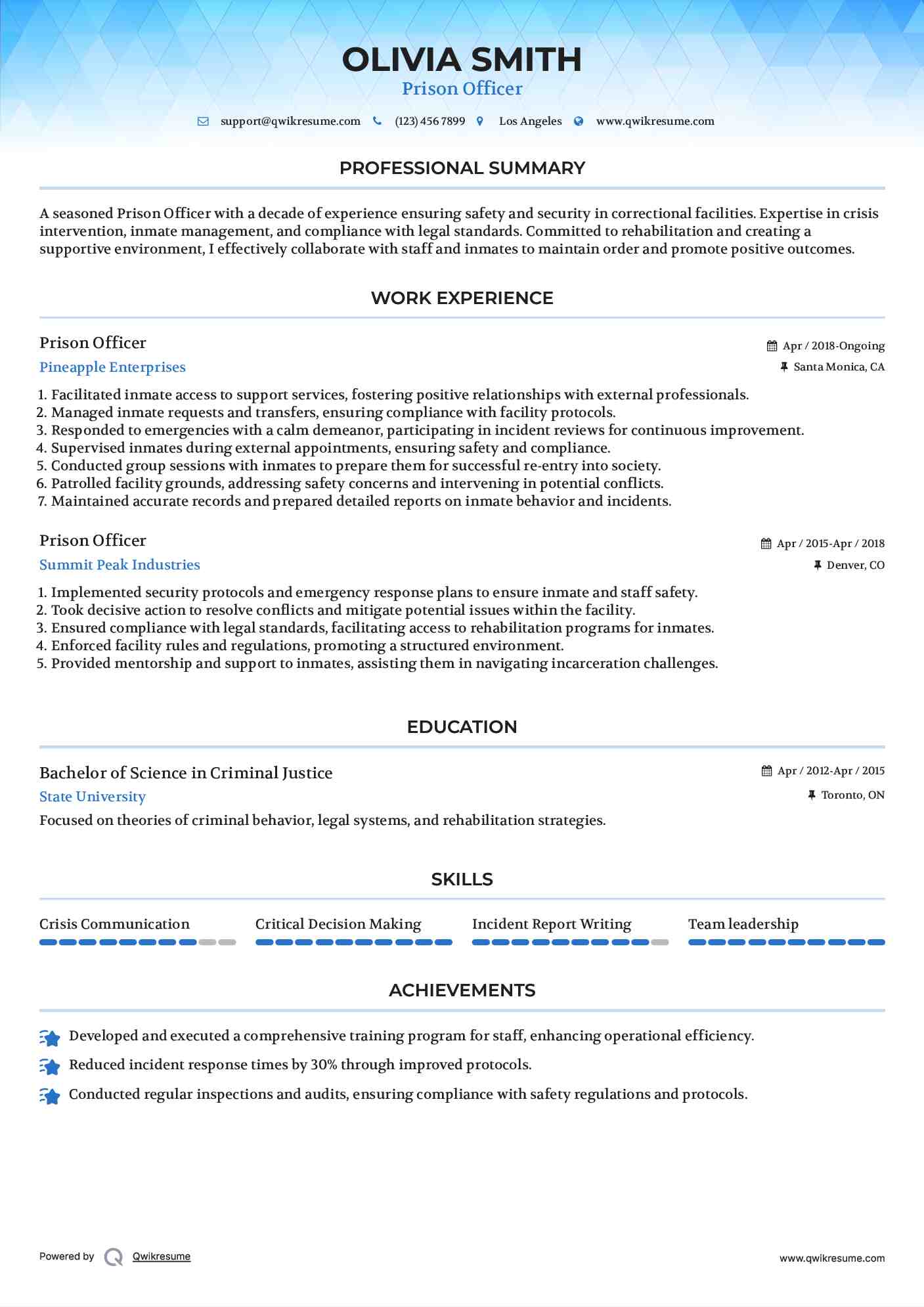 Prison Officer Resume Example
