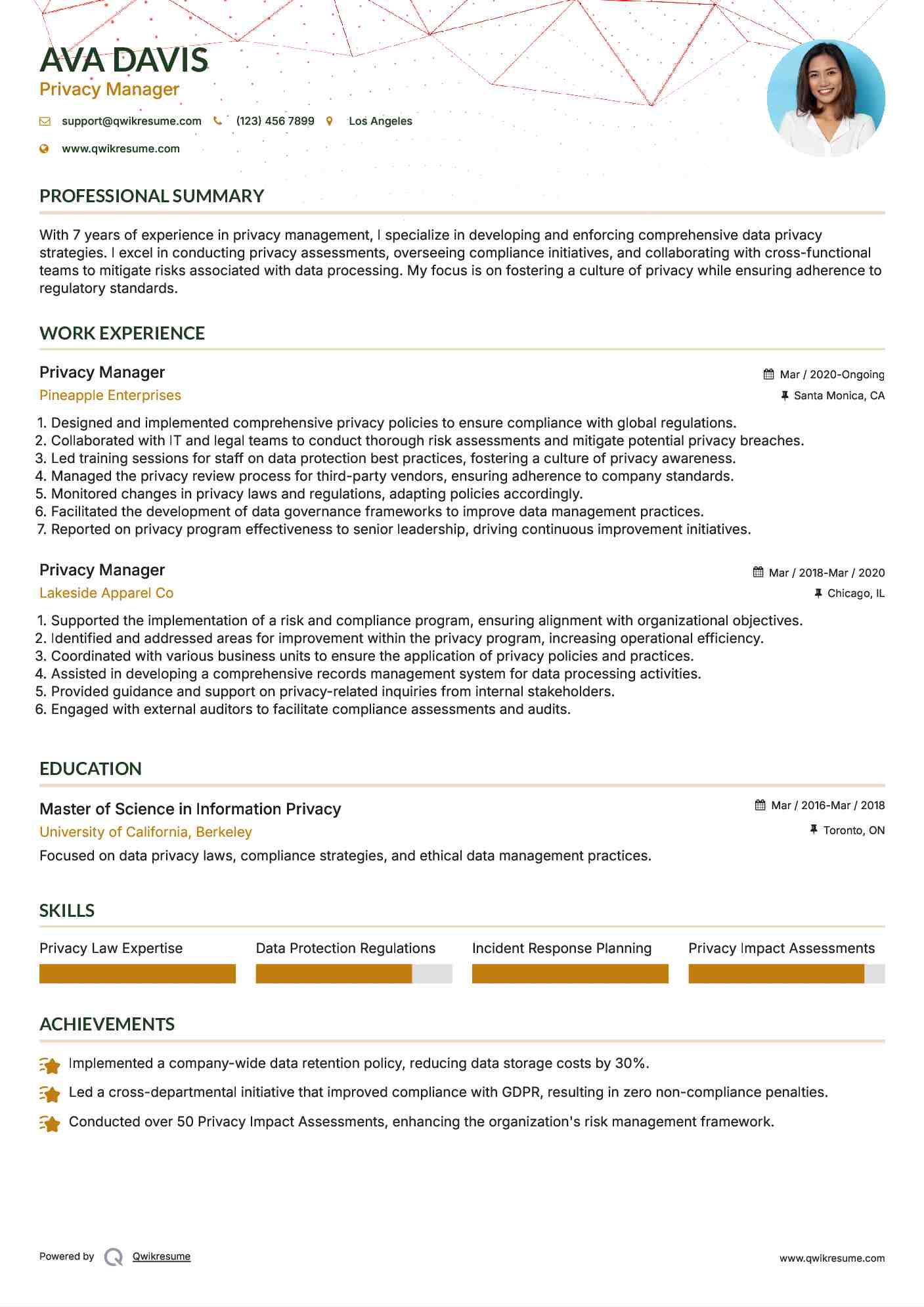 Privacy Manager Resume Sample