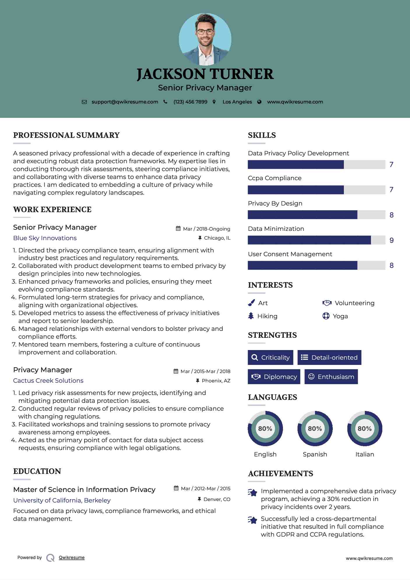 Senior Privacy Manager Resume Example