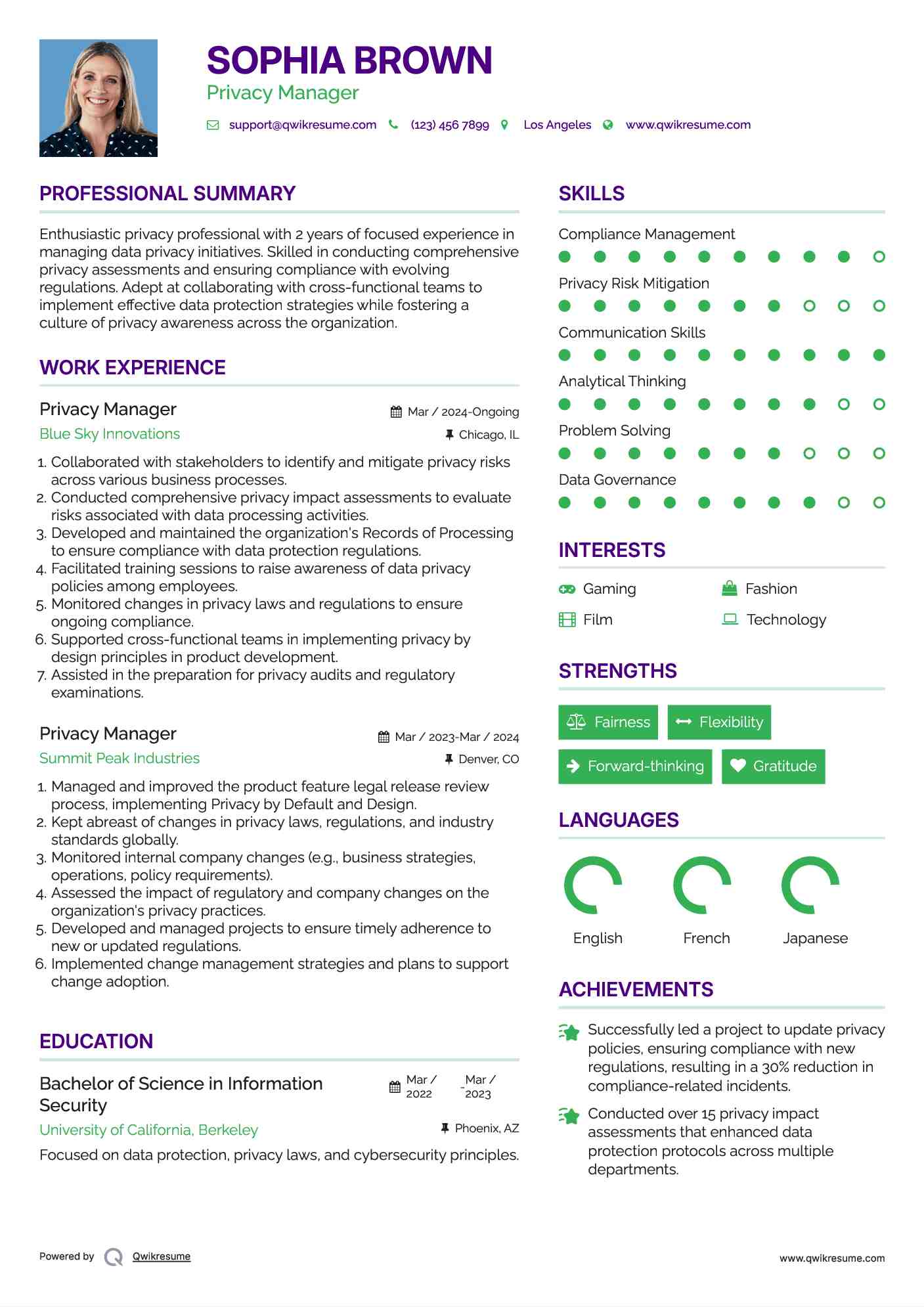 Privacy Manager Resume Format