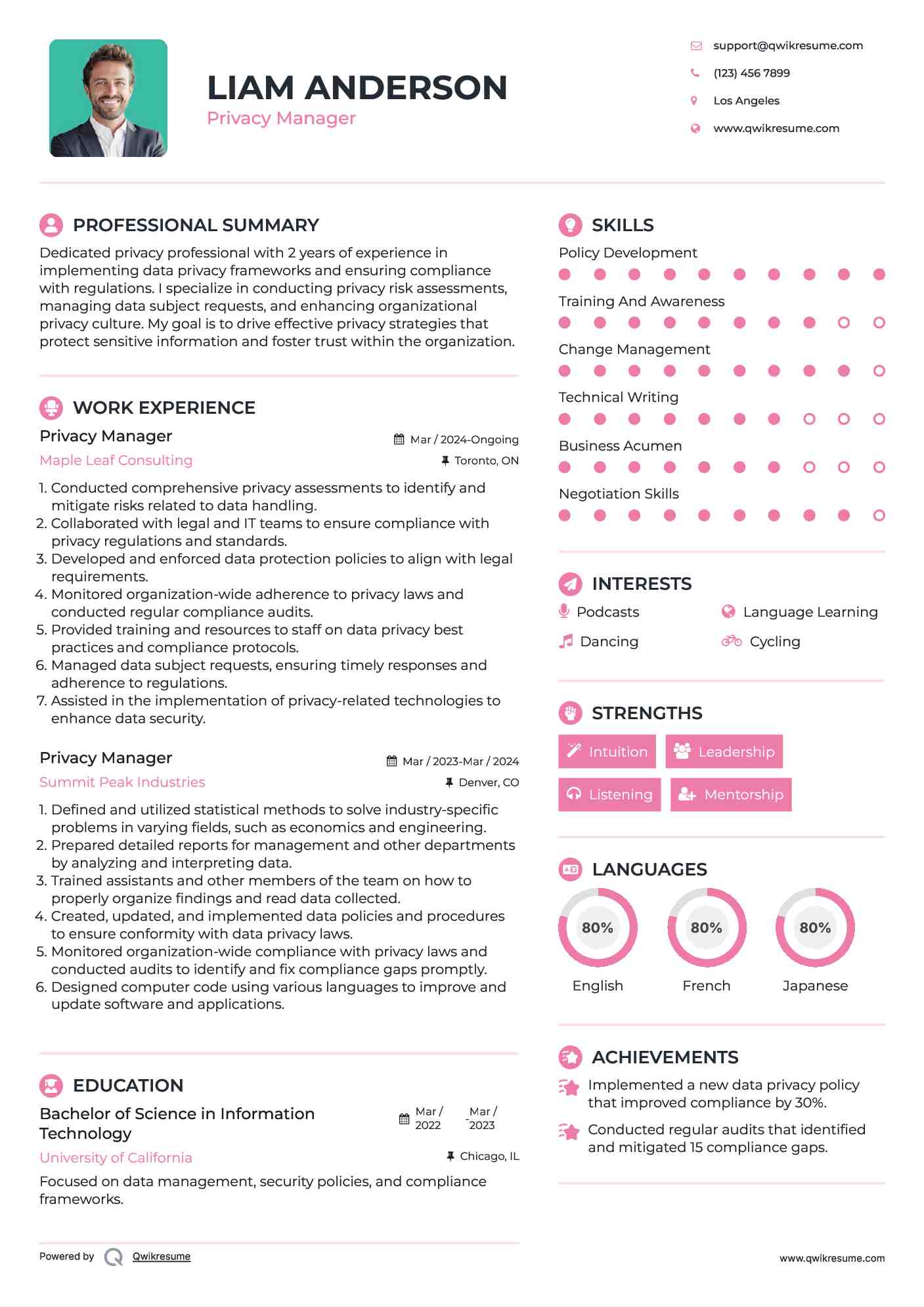 Privacy Manager Resume Sample