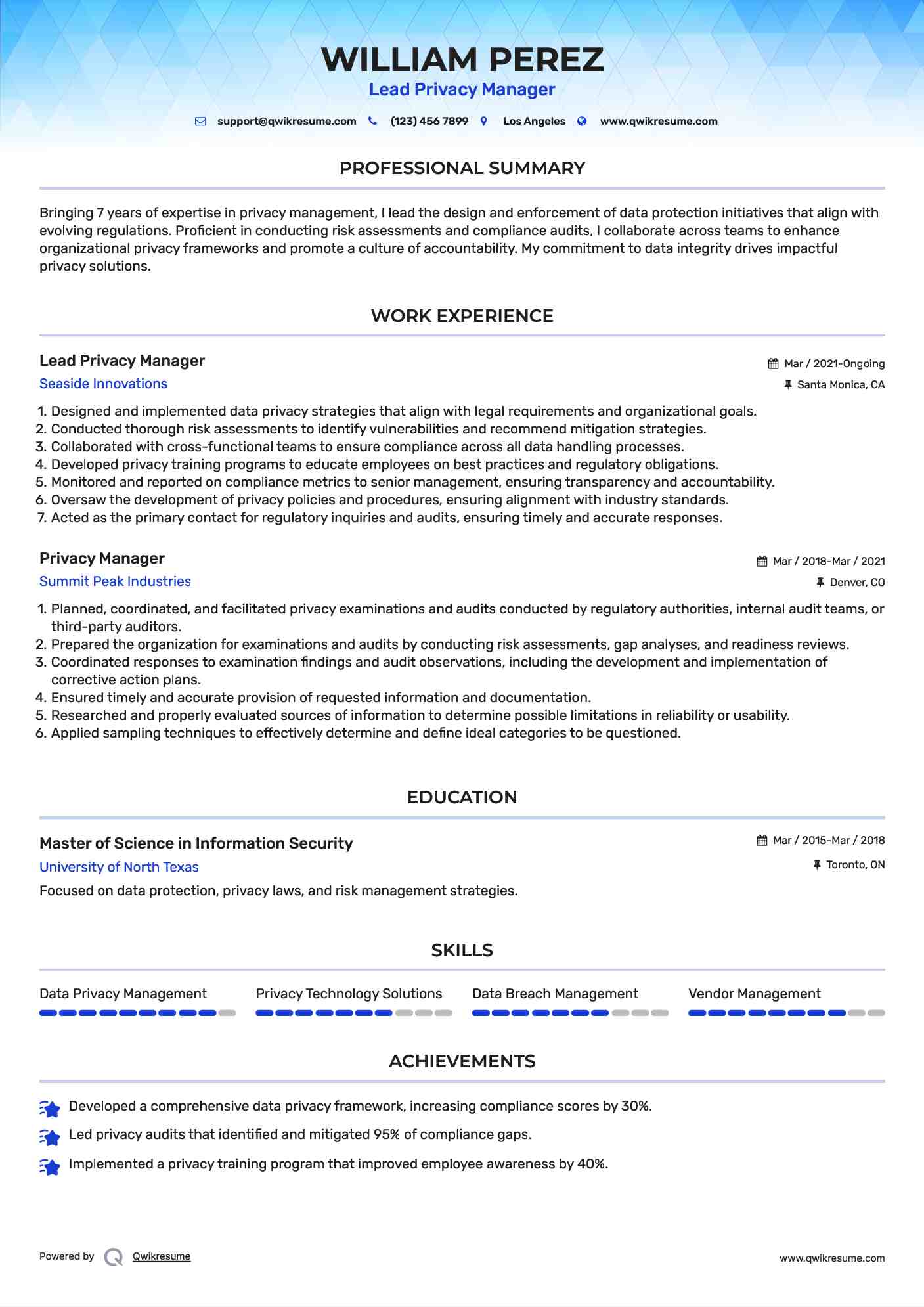 Lead Privacy Manager  Resume Template