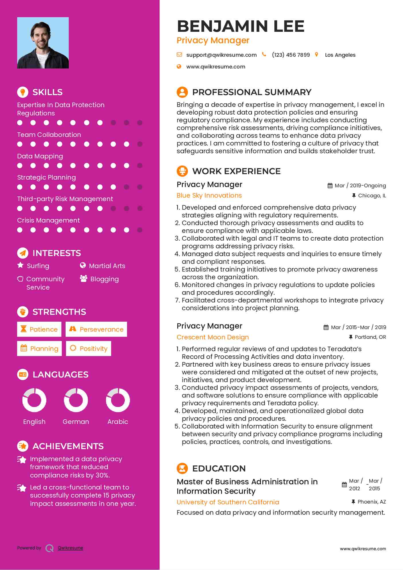 Privacy Manager Resume Example