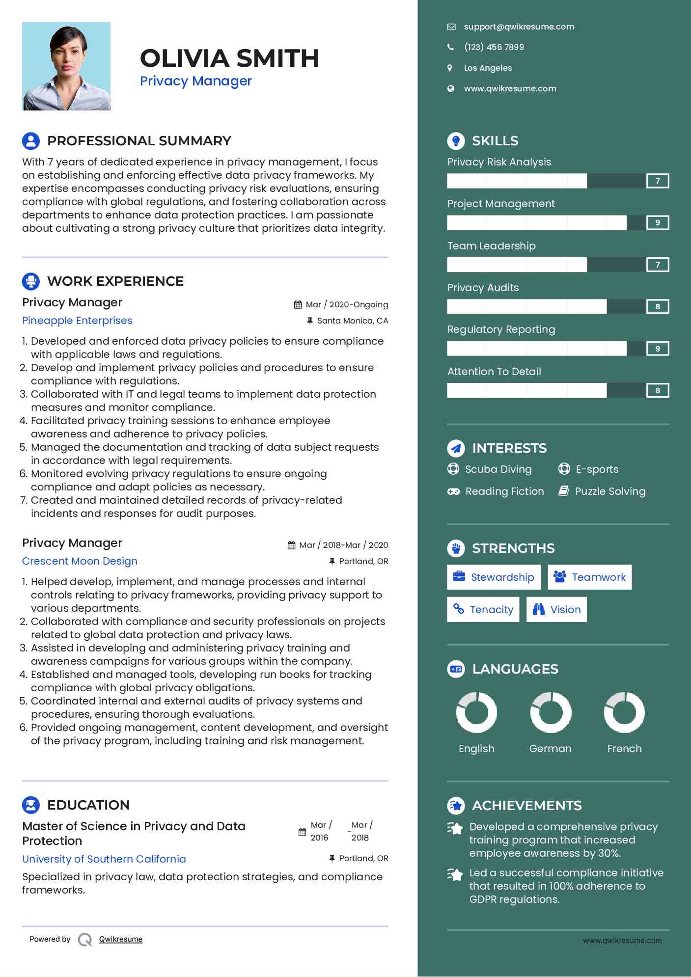 Privacy Manager Resume Template