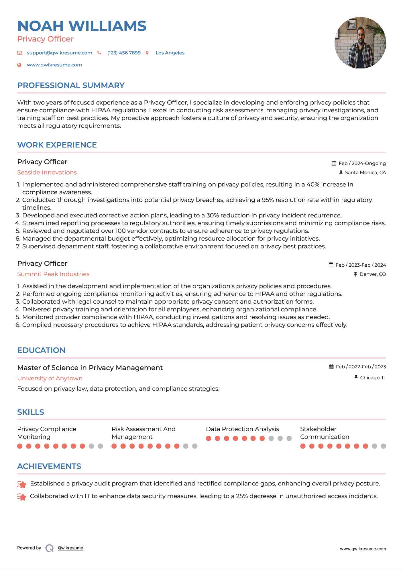 Privacy Officer Resume Example