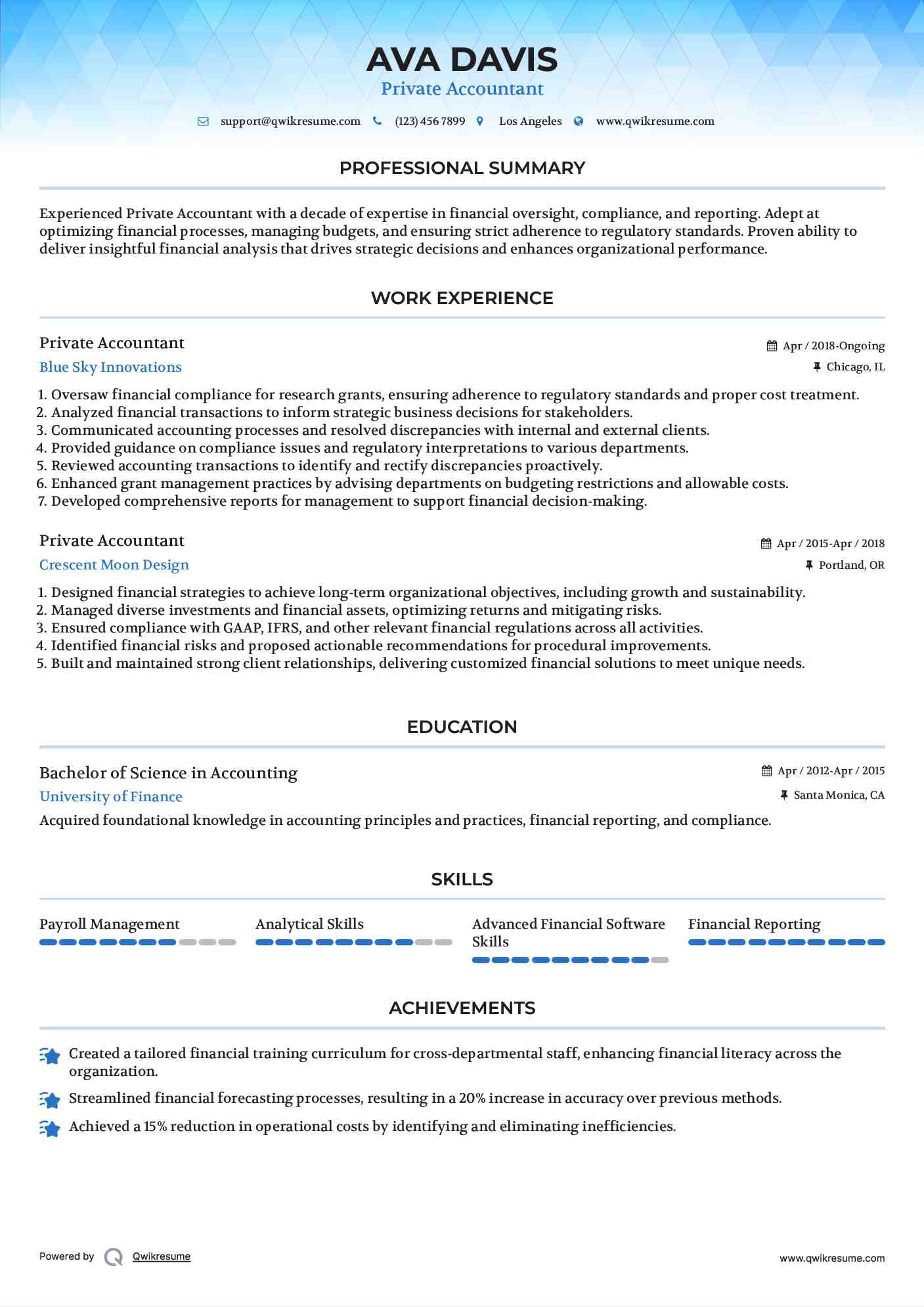 Private Accountant Resume Example