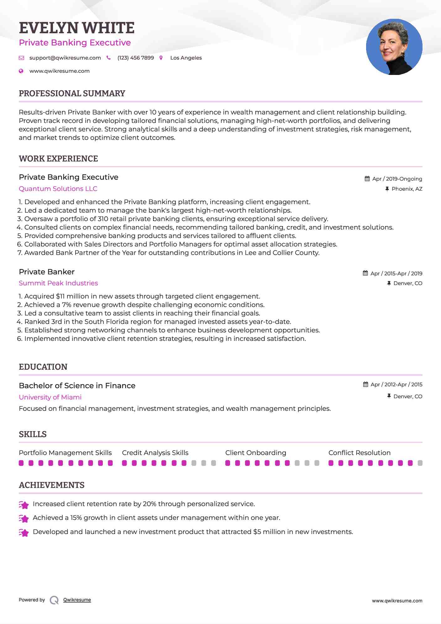 Private Banking Executive Resume Sample