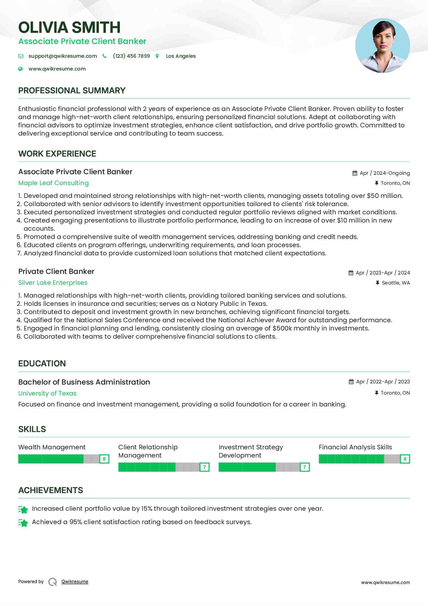 Associate Private Client Banker Resume Sample
