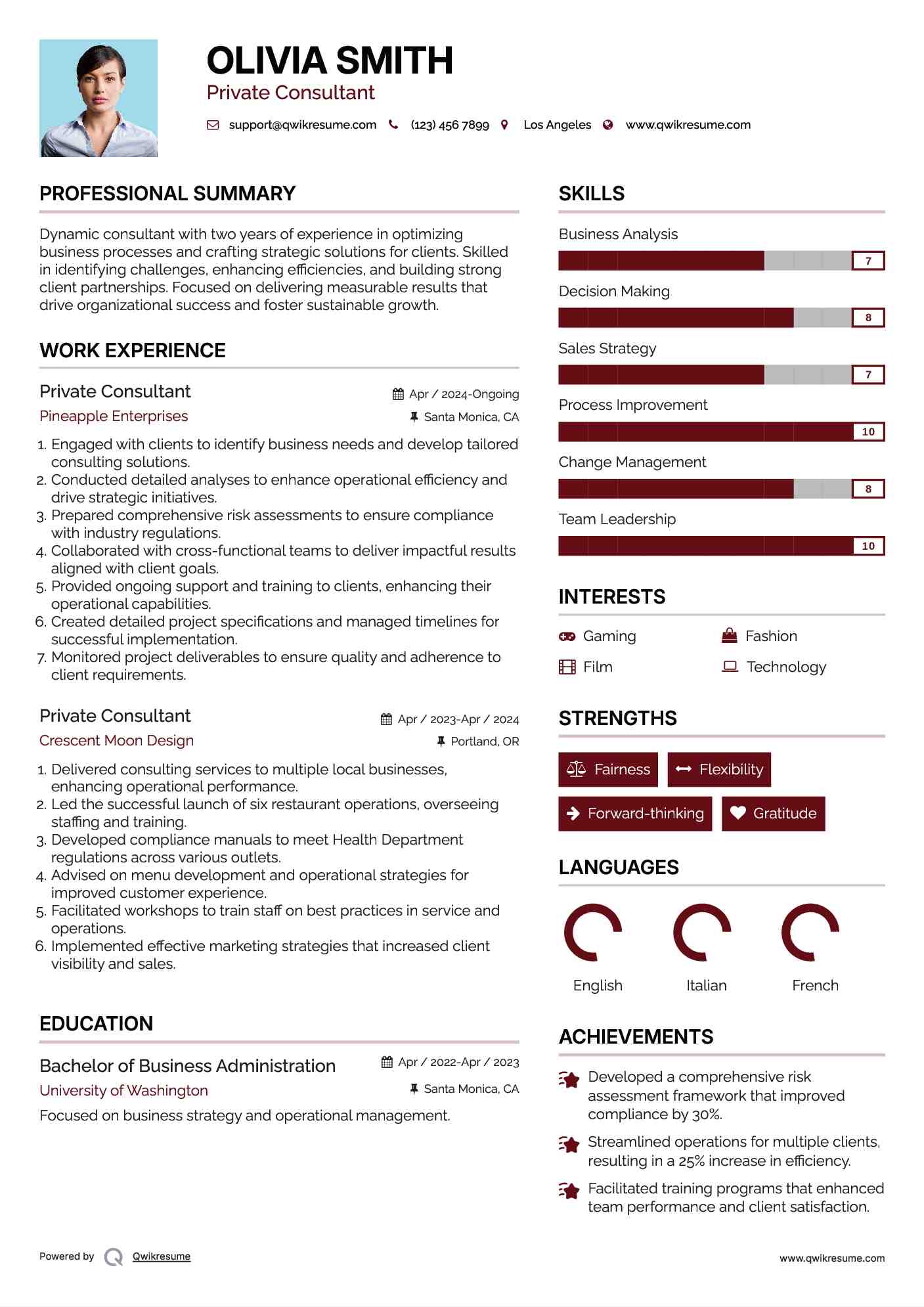 Private Consultant Resume Sample