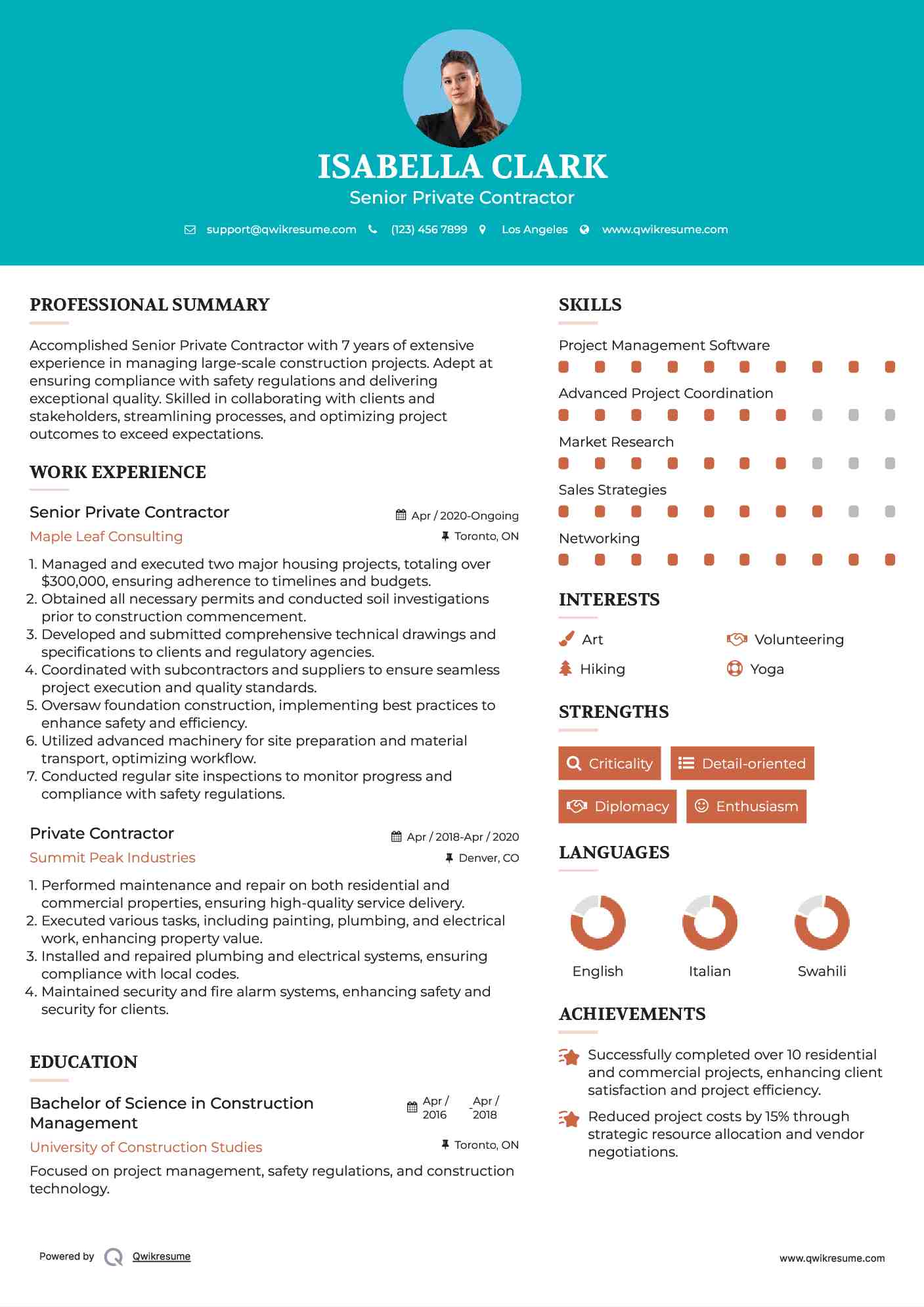 Senior Private Contractor Resume Format