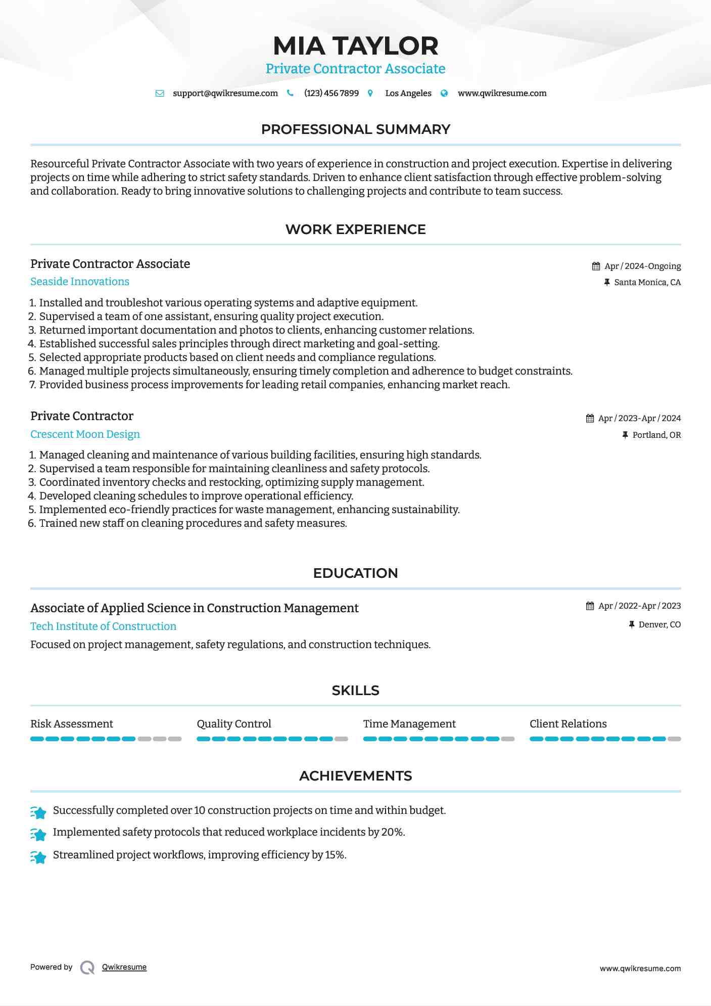 Private Contractor Associate Resume Model