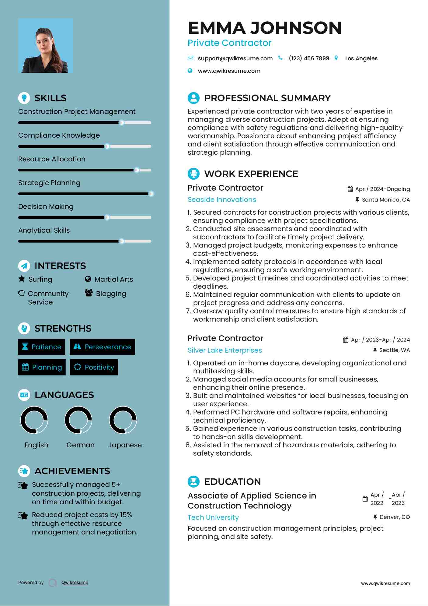 Private Contractor Resume Example