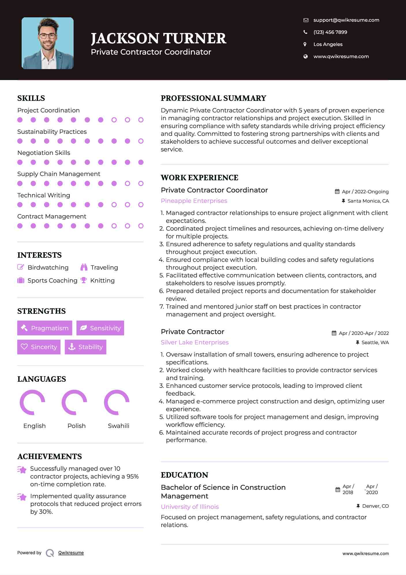 Private Contractor Coordinator Resume Model