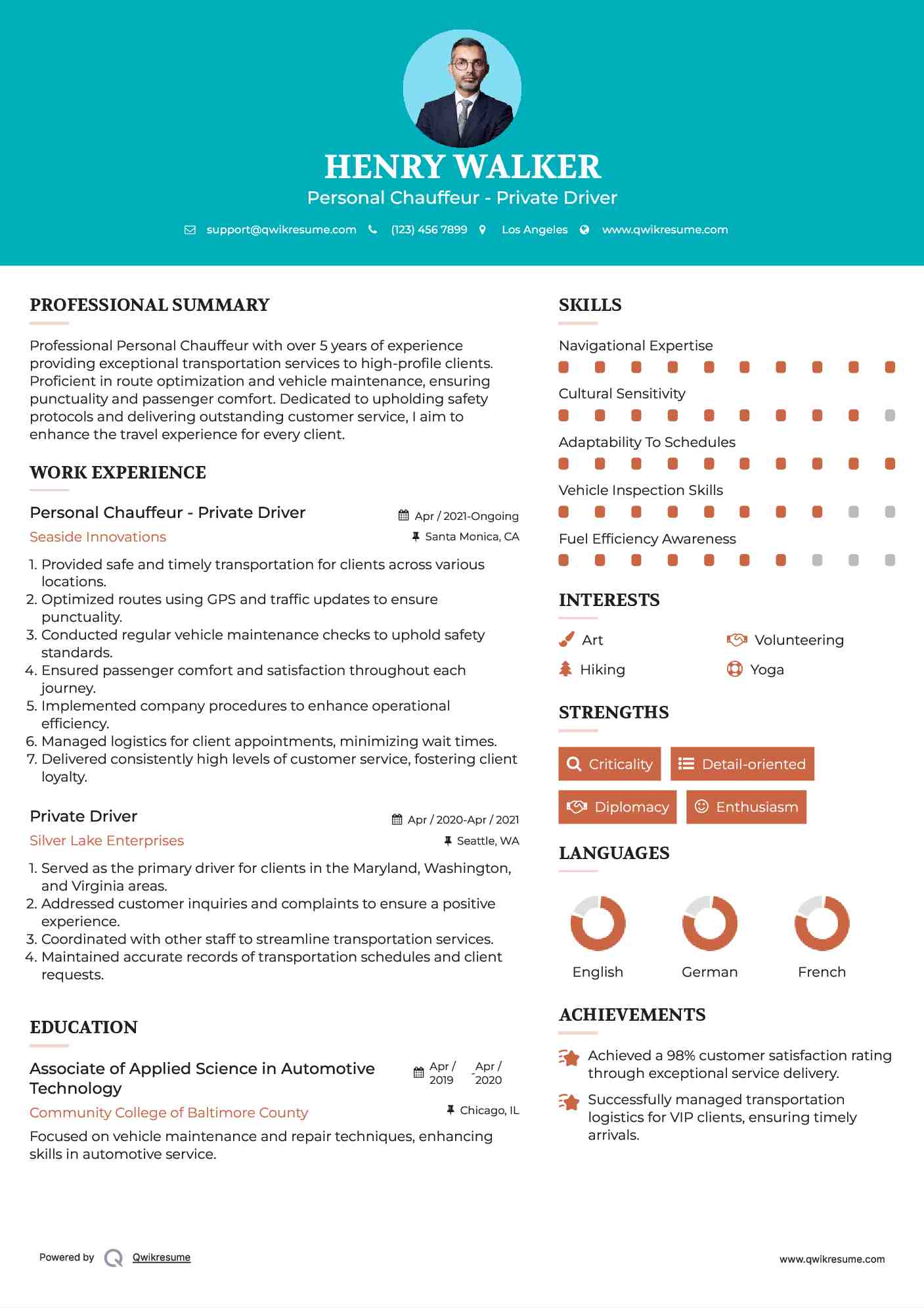 Personal Chauffeur - Private Driver Resume Sample